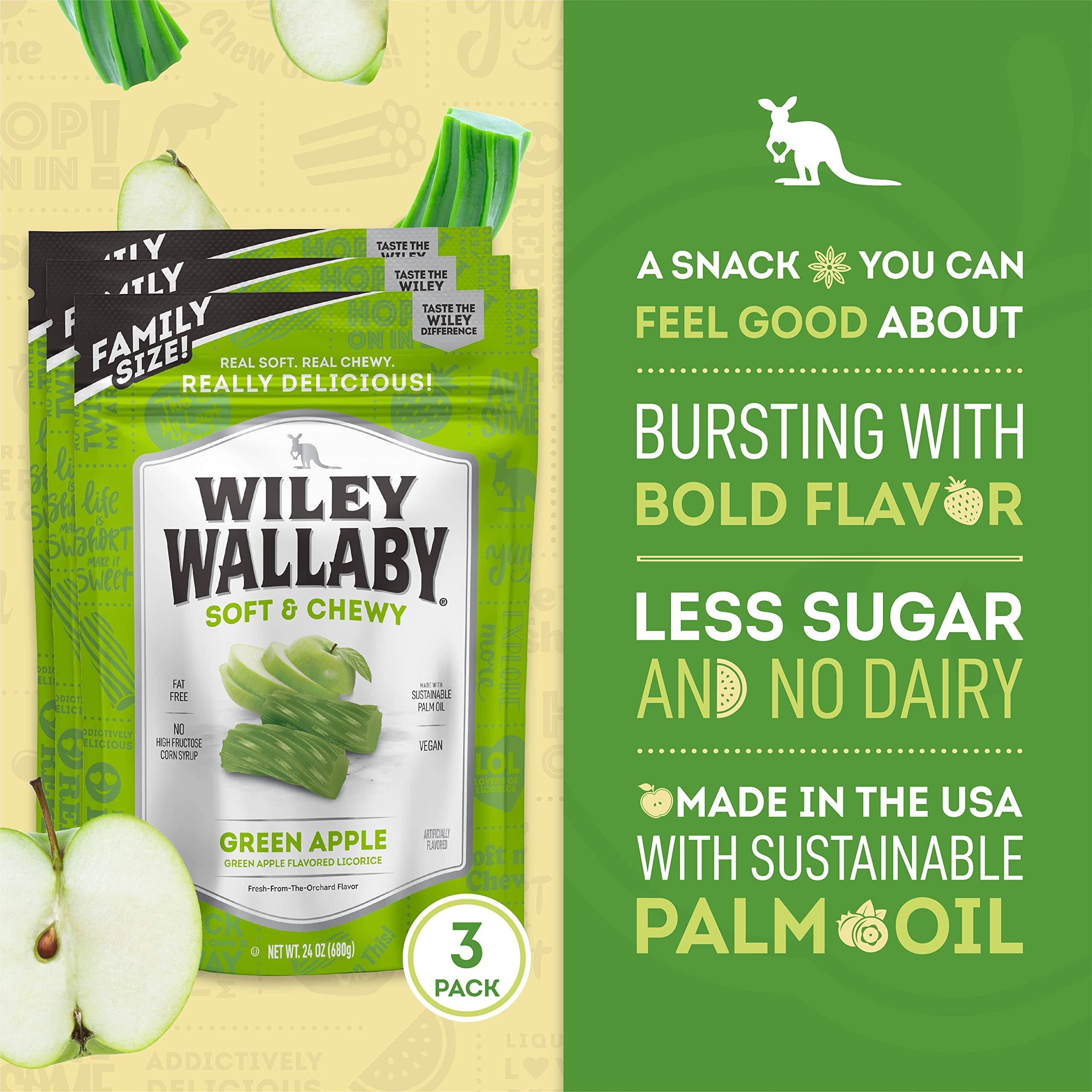 Wiley Wallaby Licorice 24 Ounce Classic Gourmet Soft & Chewy Australian Green Apple Licorice Candy Twists, 3 Pack
