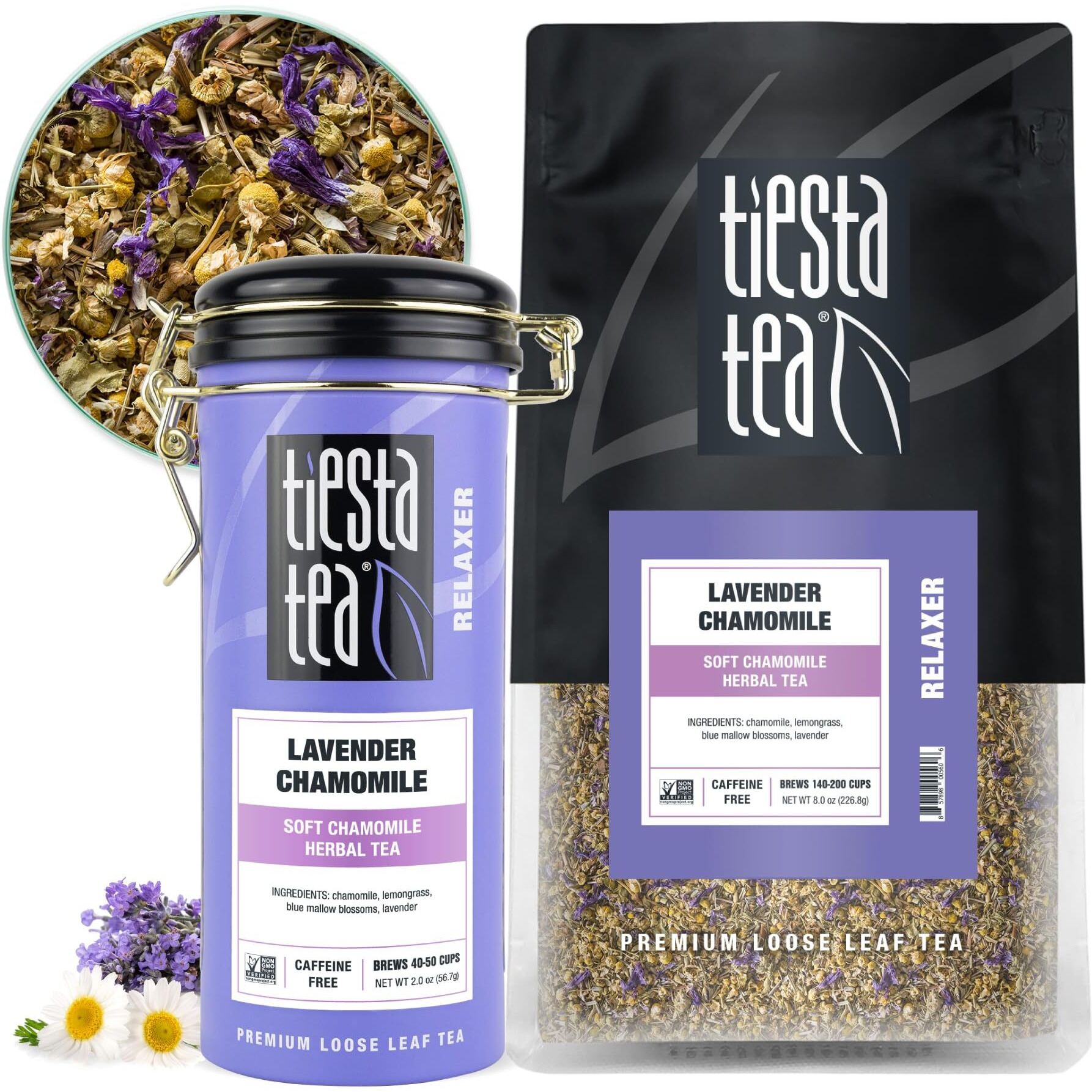 Tiesta Tea - Lavender Chamomile | Soft Chamomile Herbal Tea | Premium Loose Leaf Tea | Non Caffeinated Tea | Make Hot Or Iced Tea & Brews Up To 250 Cups - 8Oz Bulk Pouch & 2Oz Refillable Tin Combo