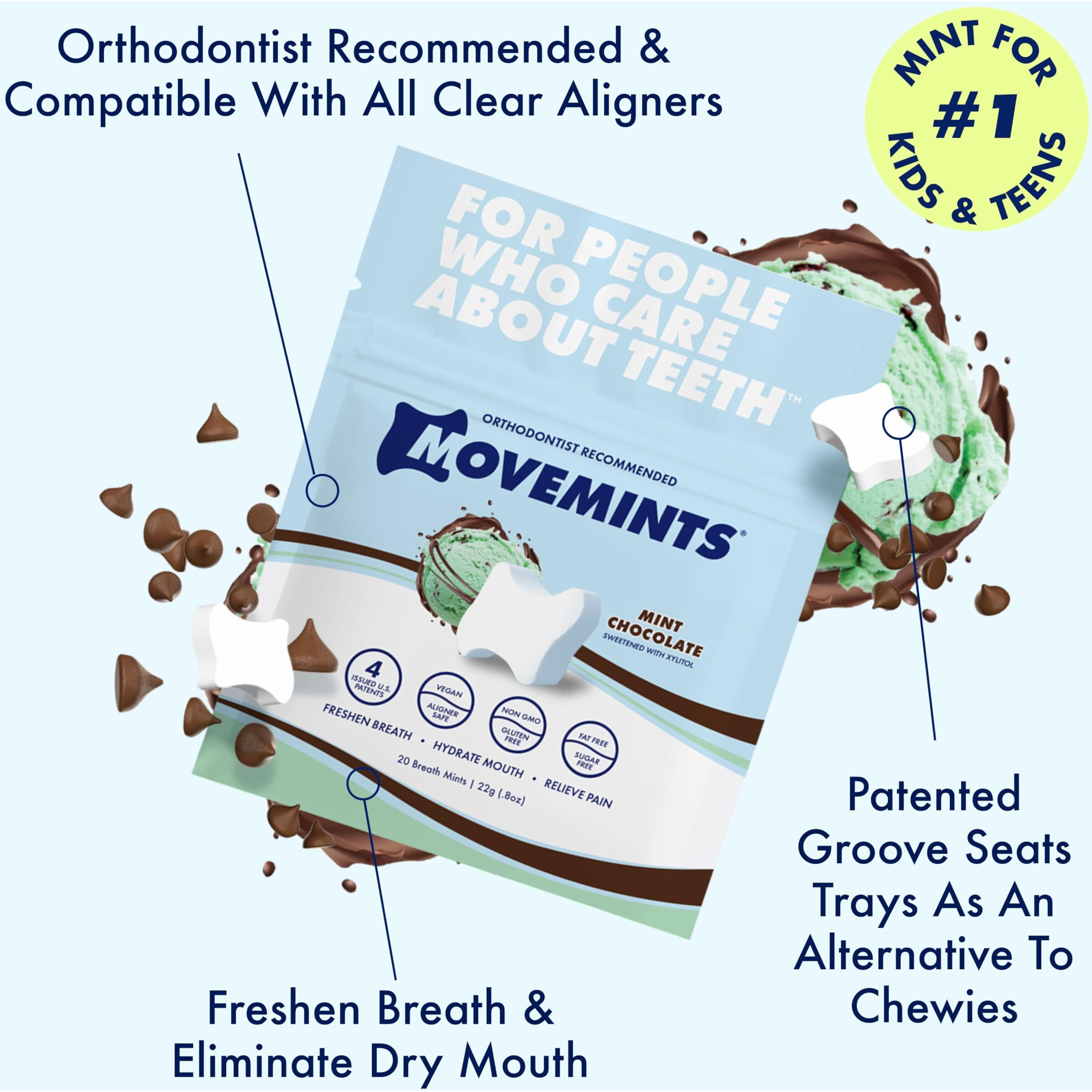 Movemints Clear Aligner Mints - Patented Aligner Seating Mints - Edible Alternative To Aligner Chewies - Xylitol Mints For Dry Mouth - Mint Chocolate (3 Pack)