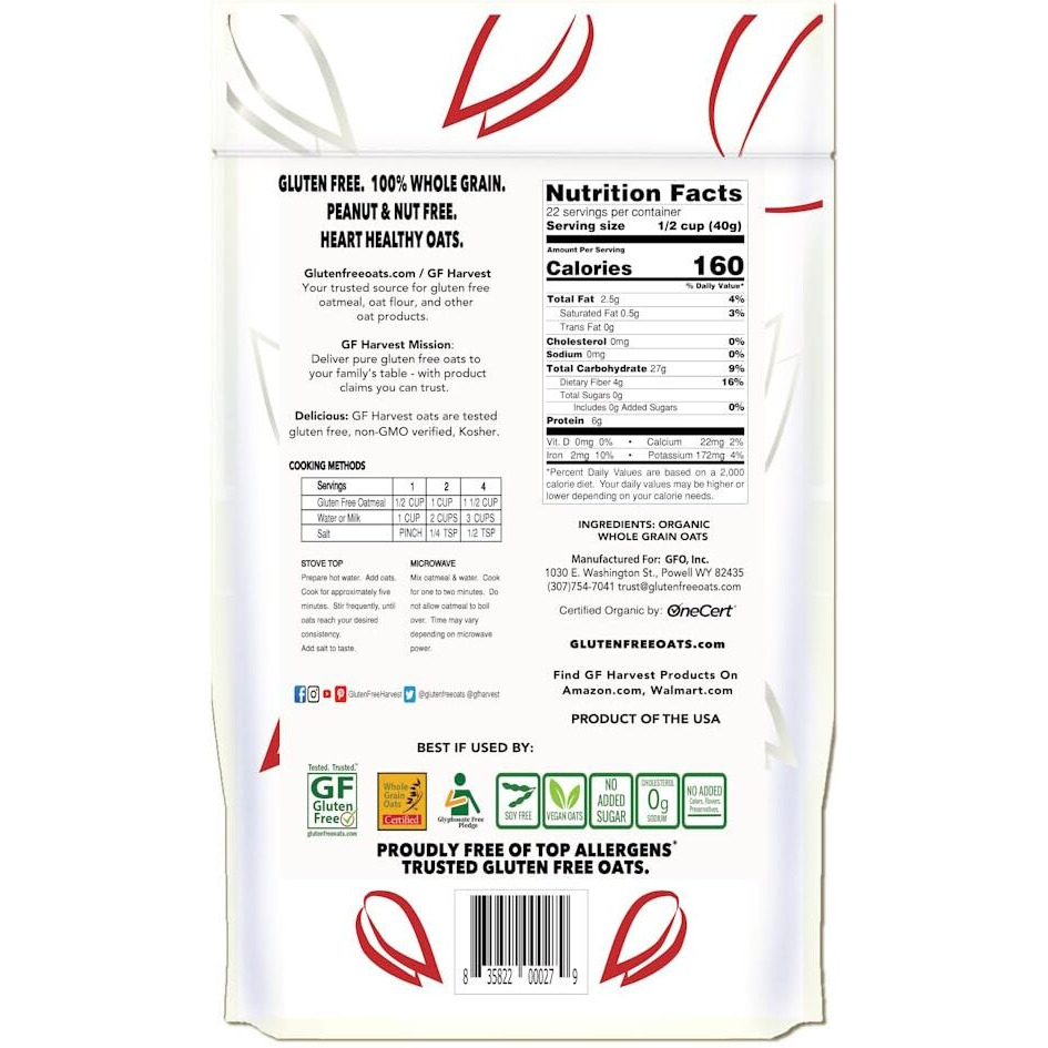 Gf Harvest Gluten Free Organic Rolled Oats, 32 Ounce Bag, Oat