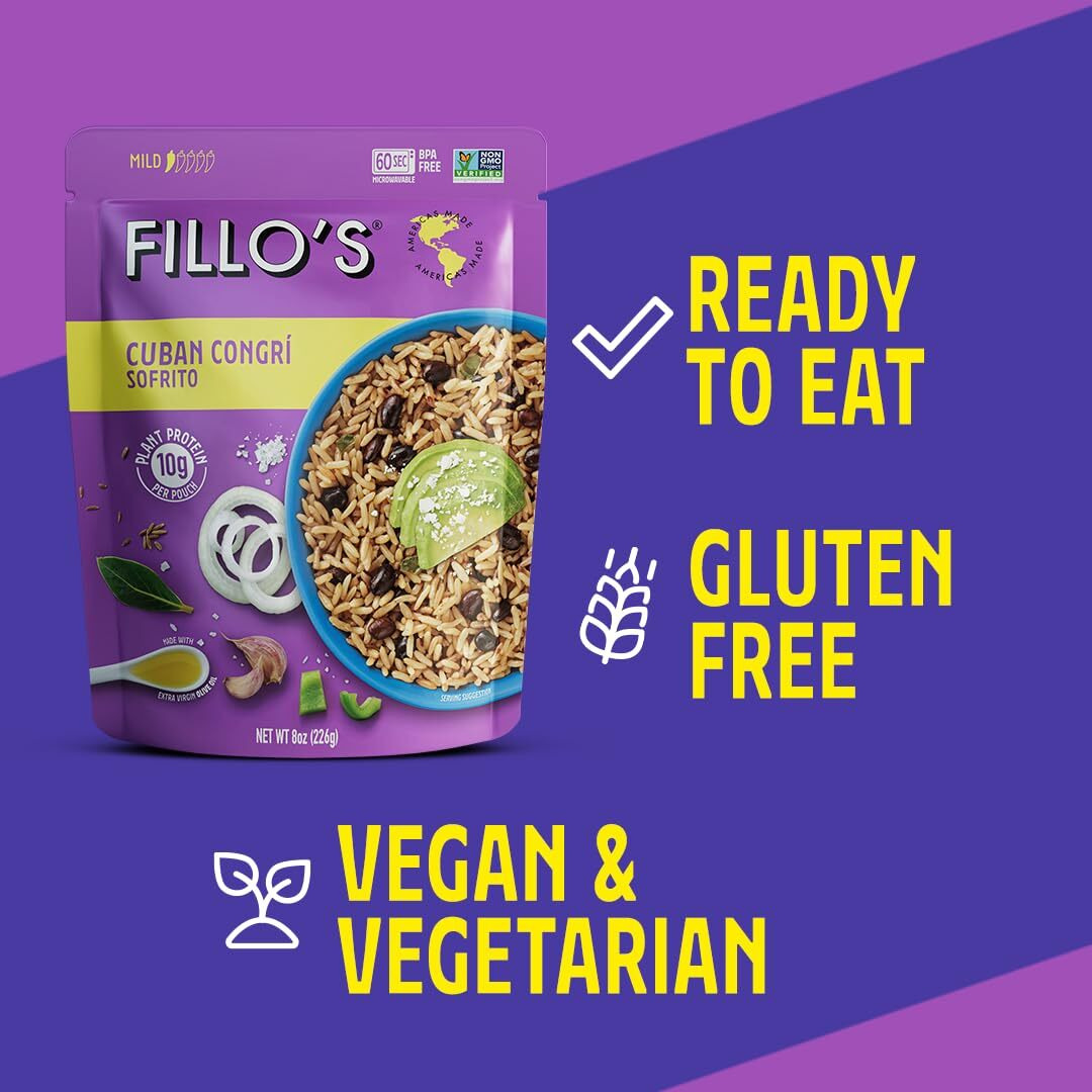 Fillo's Cuban Congri - Black Beans And Rice, Ready To Eat Rice With Beans, 8 Oz Pk Of 6, Gluten-Free, Preservative-Free, Microwavable Meals, Non-Gmo, Vegan