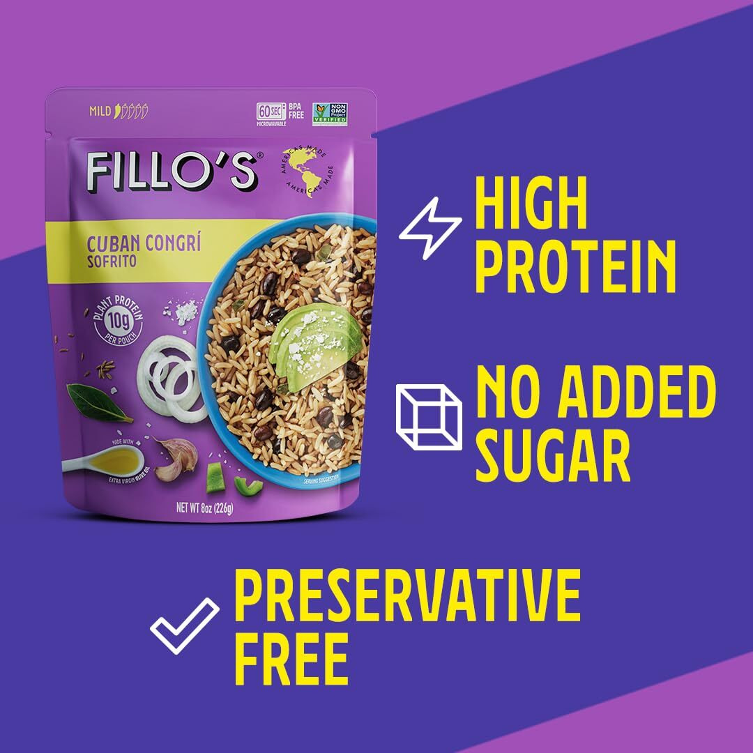 Fillo's Cuban Congri - Black Beans And Rice, Ready To Eat Rice With Beans, 8 Oz Pk Of 6, Gluten-Free, Preservative-Free, Microwavable Meals, Non-Gmo, Vegan