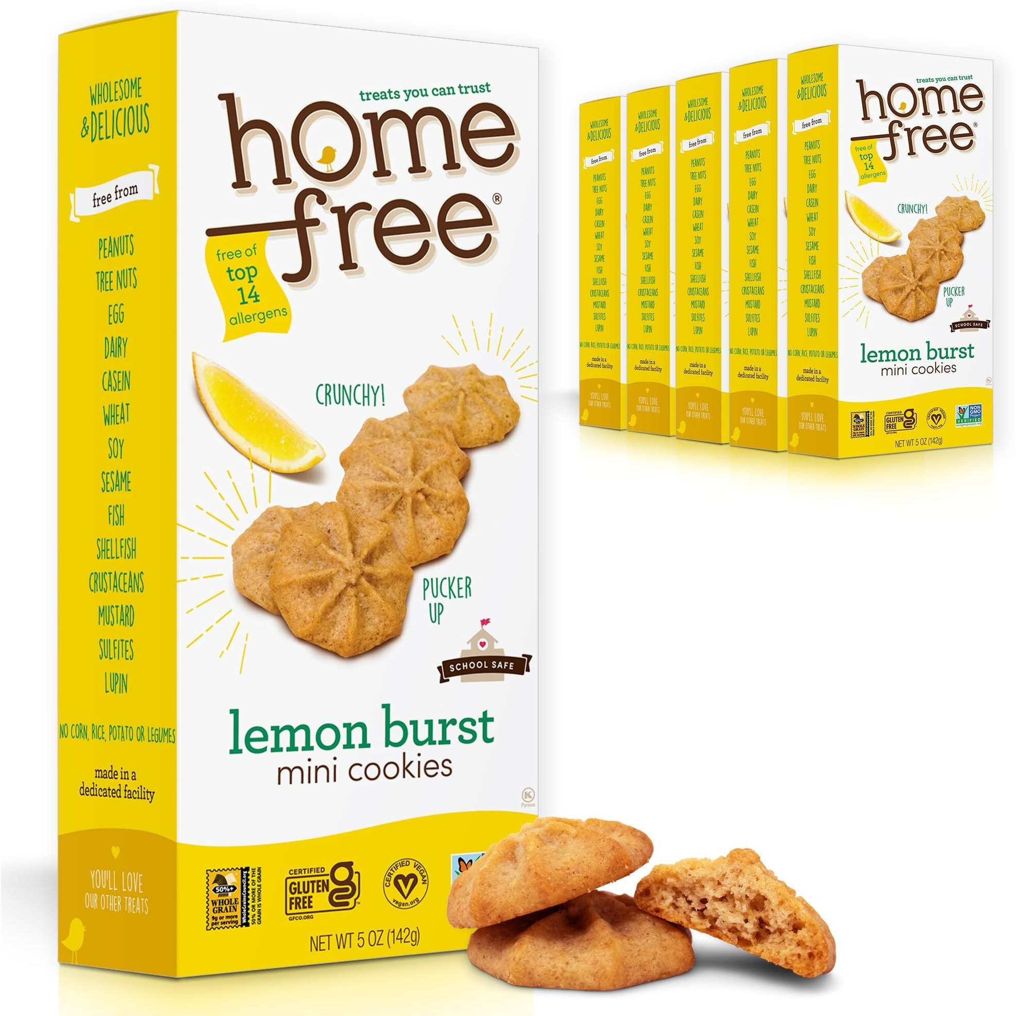 Homefree Mini Lemon Burst Cookies, Gluten Free, Nut Free, Vegan, School Safe And Allergy Friendly Snacks, 5 Oz Box (Pack Of 6), Made In Usa