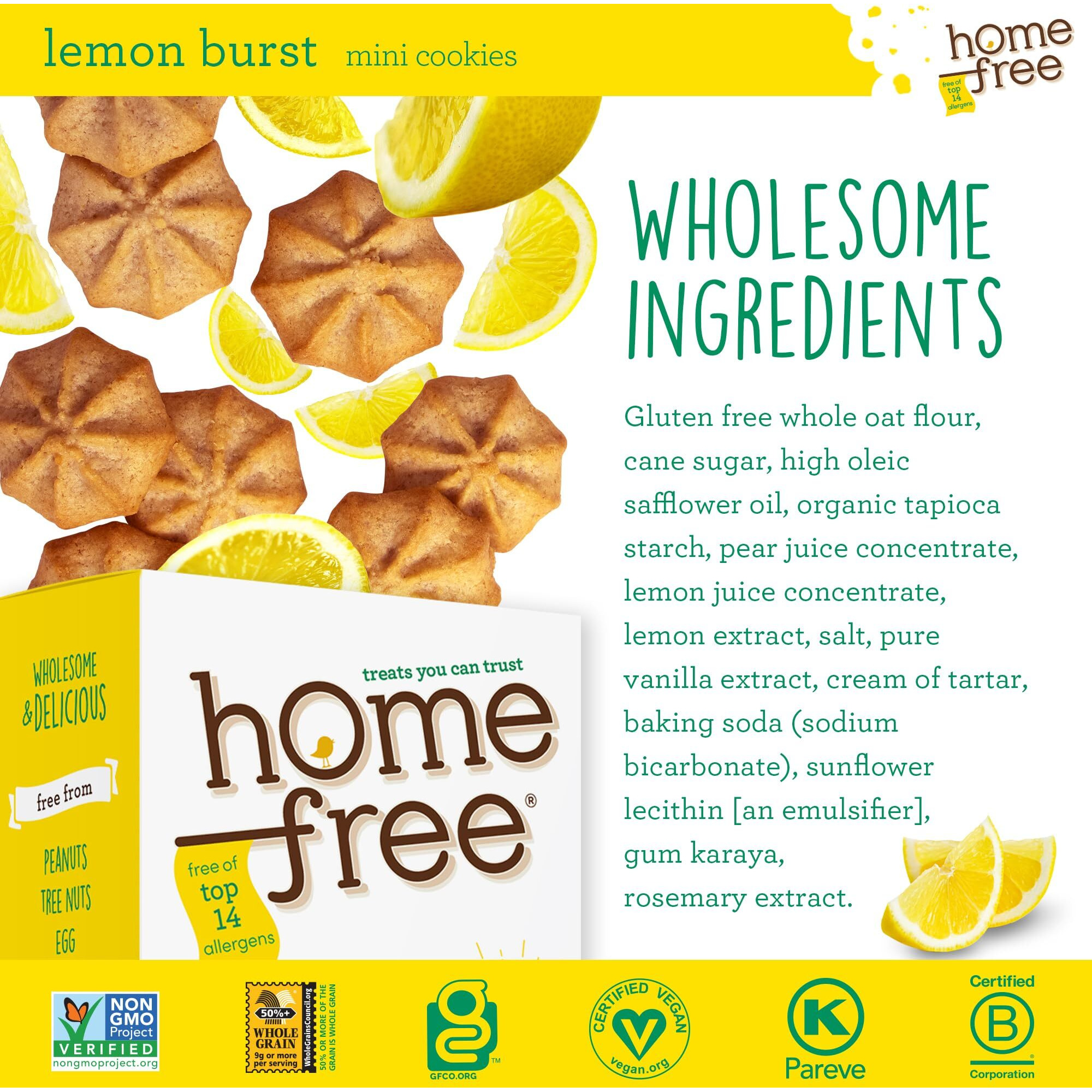 Homefree Mini Lemon Burst Cookies, Gluten Free, Nut Free, Vegan, School Safe And Allergy Friendly Snacks, 5 Oz Box (Pack Of 6), Made In Usa