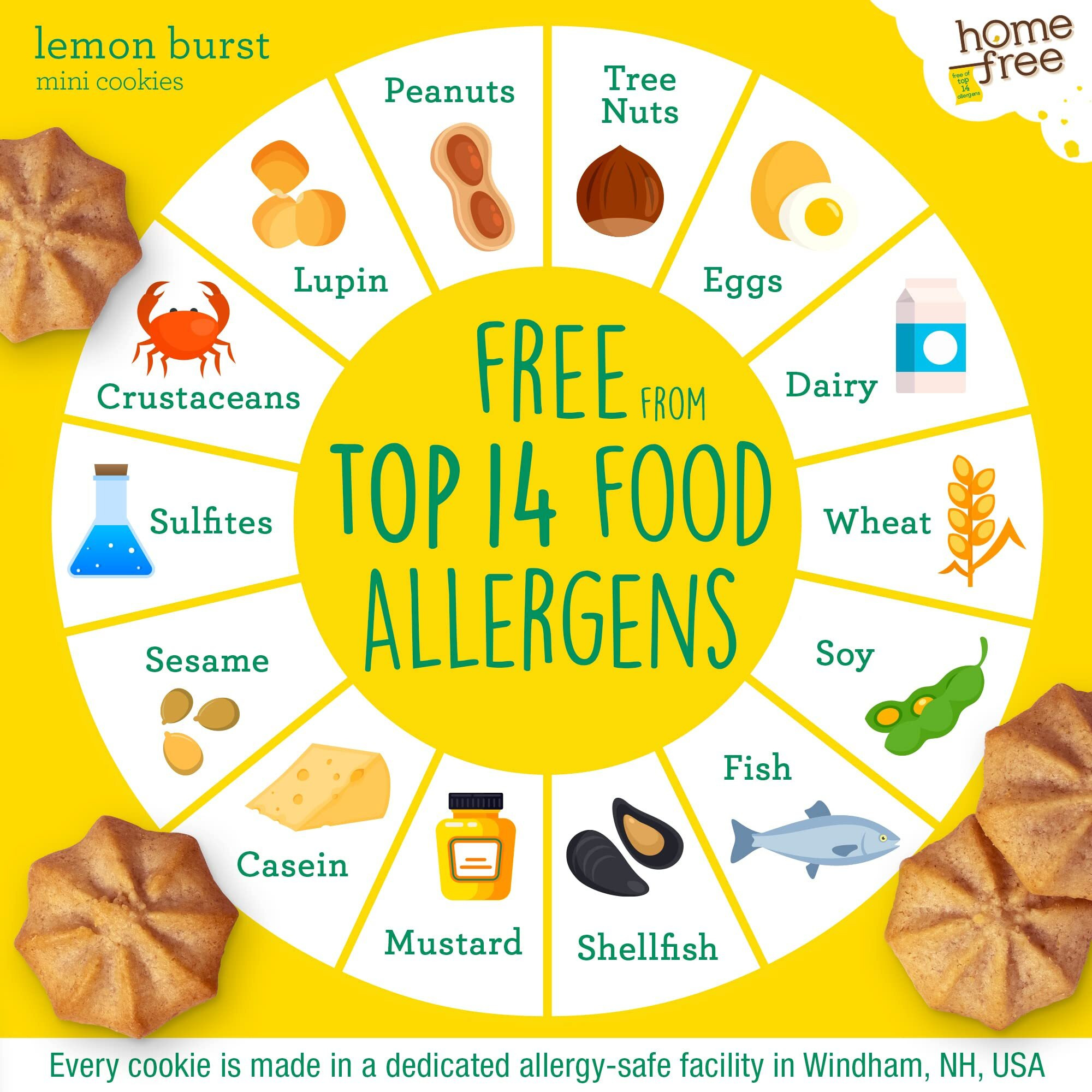 Homefree Mini Lemon Burst Cookies, Gluten Free, Nut Free, Vegan, School Safe And Allergy Friendly Snacks, 5 Oz Box (Pack Of 6), Made In Usa