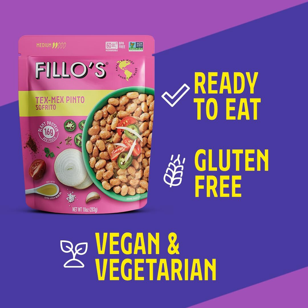 Fillo's Tex Mex Pinto Beans - Ready To Eat Beans, Gluten-Free, Preservative-Free, Microwavable, Non-Gmo, Vegan Friendly, Plant Protein, 10 Oz Pk Of 6