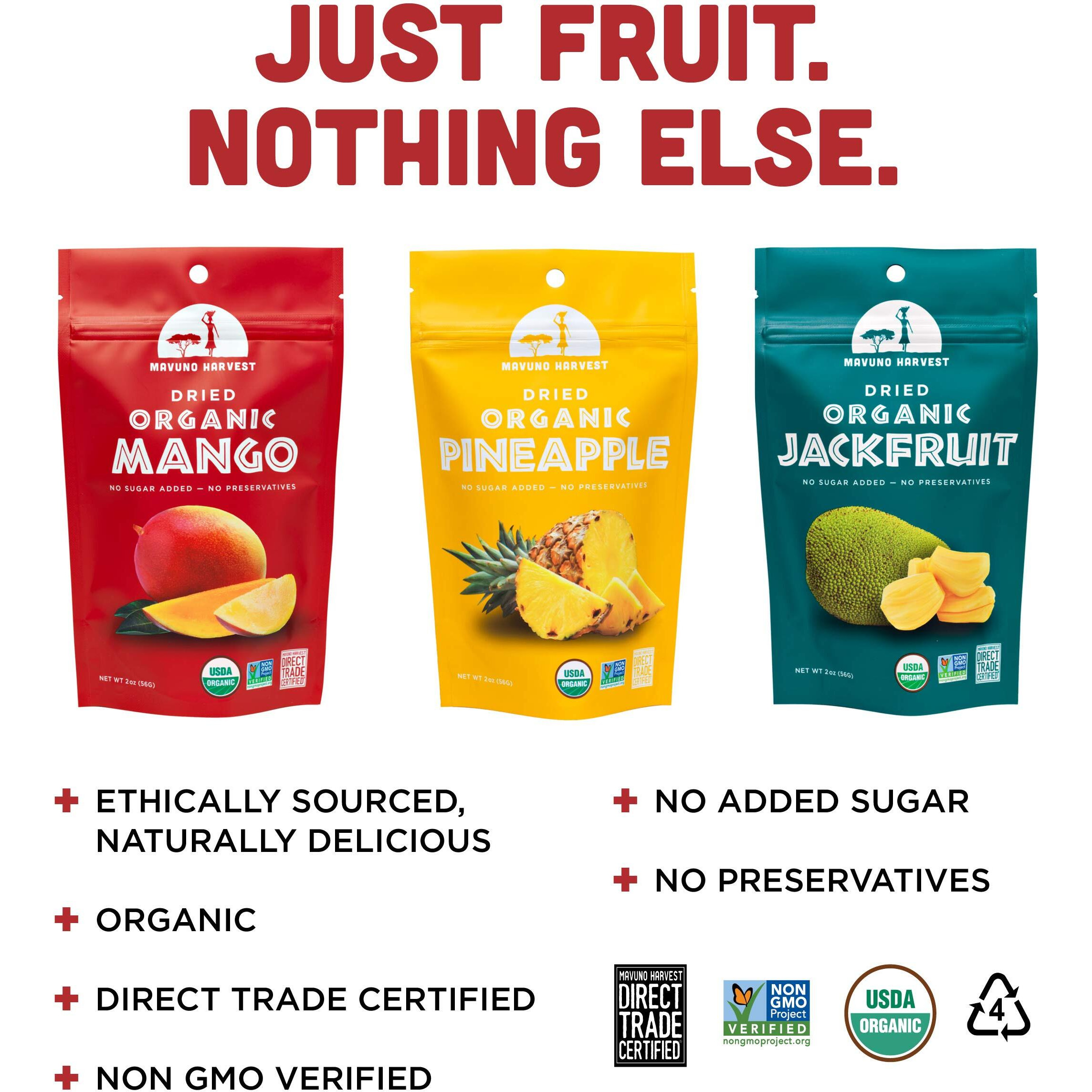 Mavuno Harvest Organic Dried Fruit Variety Pack | Dried Mango, Pineapple, And Jackfruit | Healthy, Vegan, No Sugar Added, Non Gmo Snacks For Kids & Adults | 2 Ounce, Pack Of 6