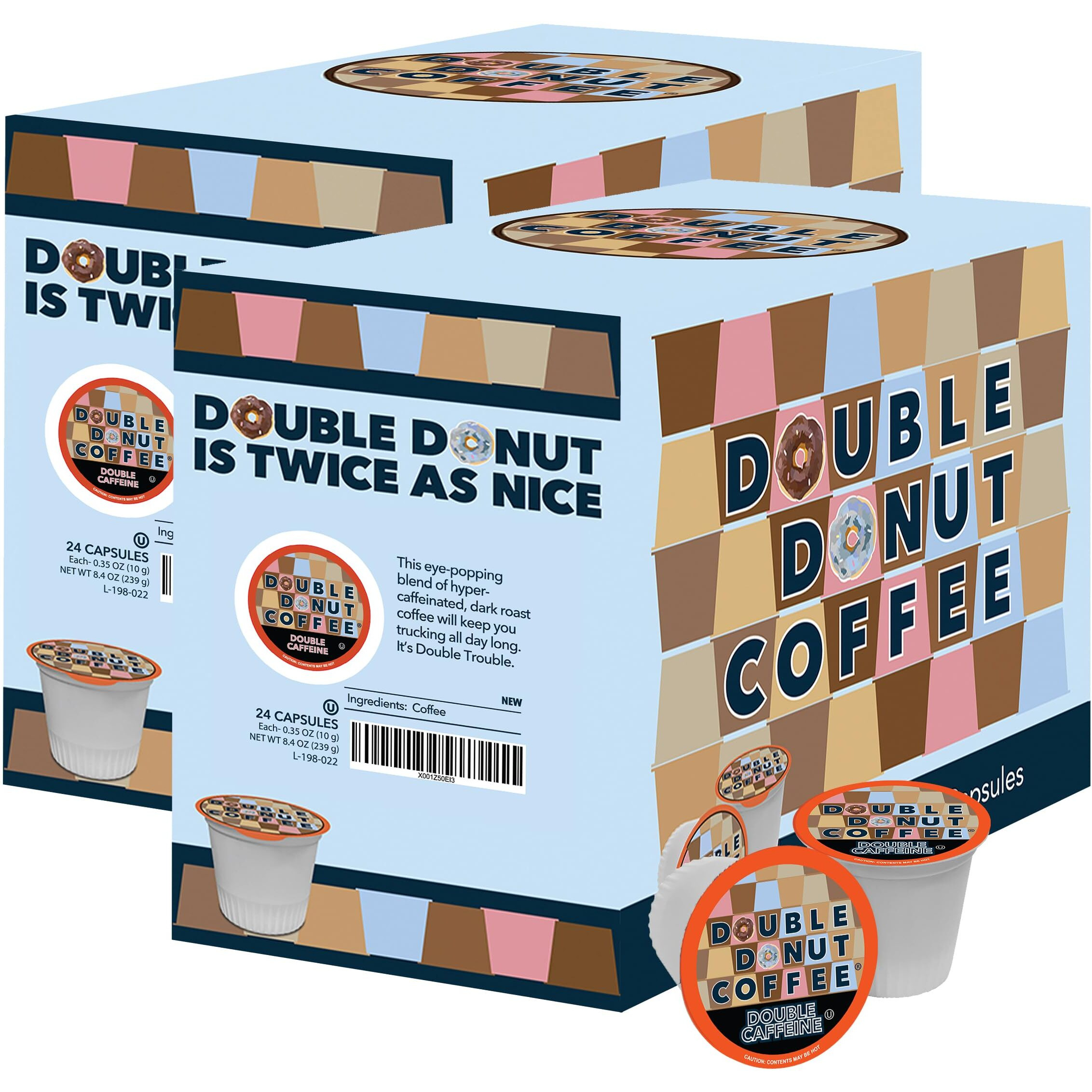 Double Donut High Caffeine Coffee Pods, Extra Strong Double Caffeine Coffee Cups For Keurig K Cup Brewer Machines Single Serve Dark Roast Coffee, 48 Count