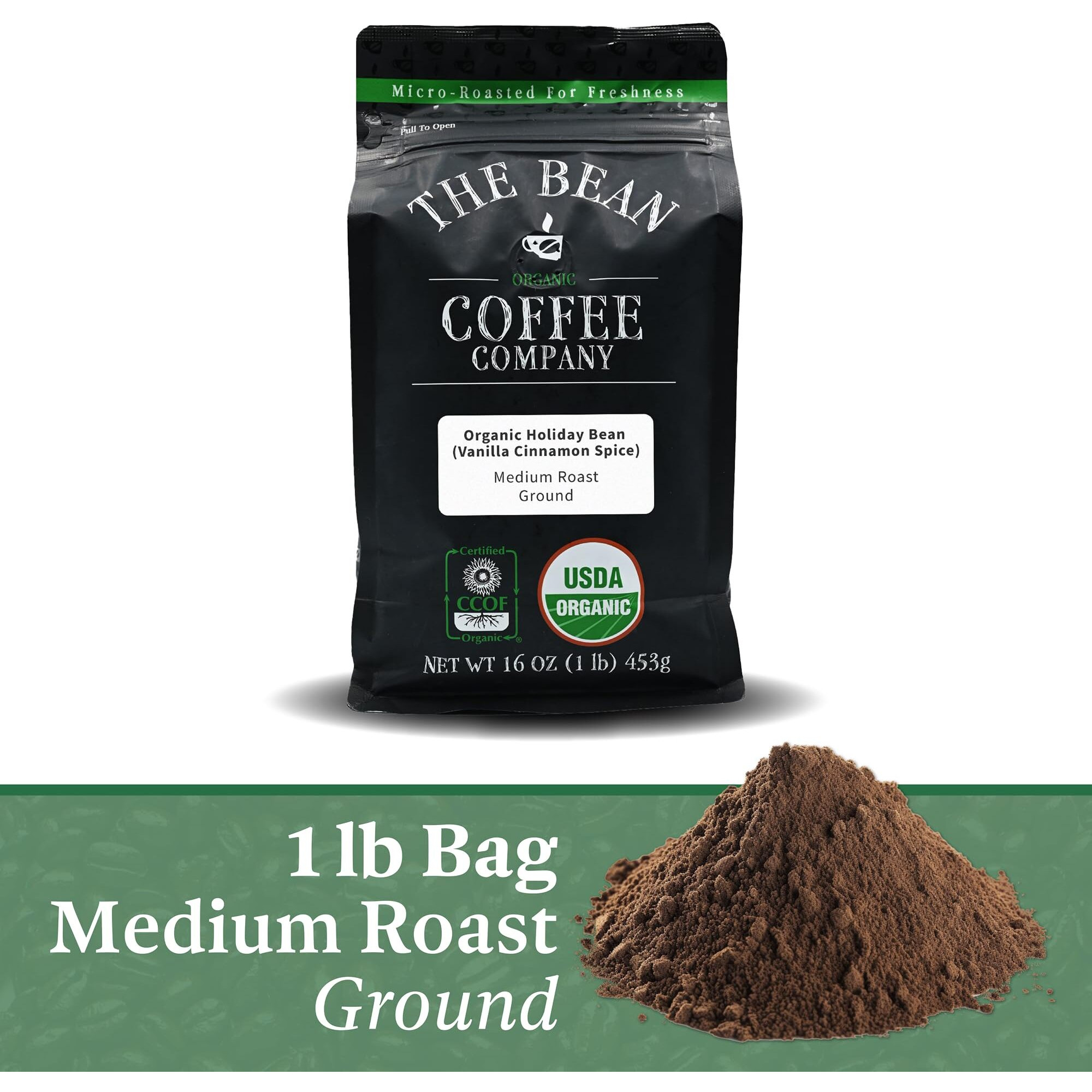 The Bean Organic Coffee Company Holiday Bean (Vanilla Cinnamon Spice), Medium Roast, Ground Coffee, 16-Ounce Bag, Caf   Molido Tostado Org  Nico
