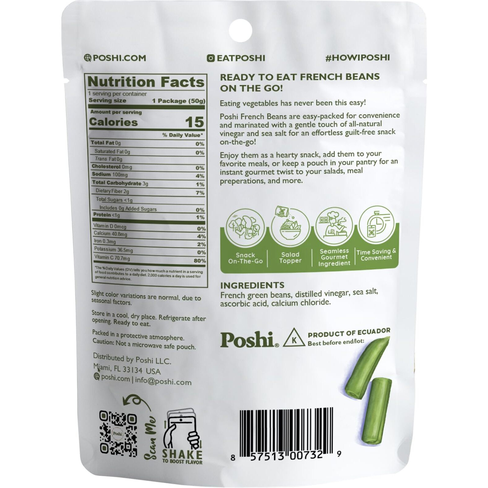Poshi Marinated French Green Bean Snack Pack | Original Flavor | Keto, Vegan, Paleo, Non Gmo, Low Carb + Calorie, Gluten Free, Fully Cooked Vegetables, Gourmet, Healthy, All Natural (10 Pack, 1.76 Oz)