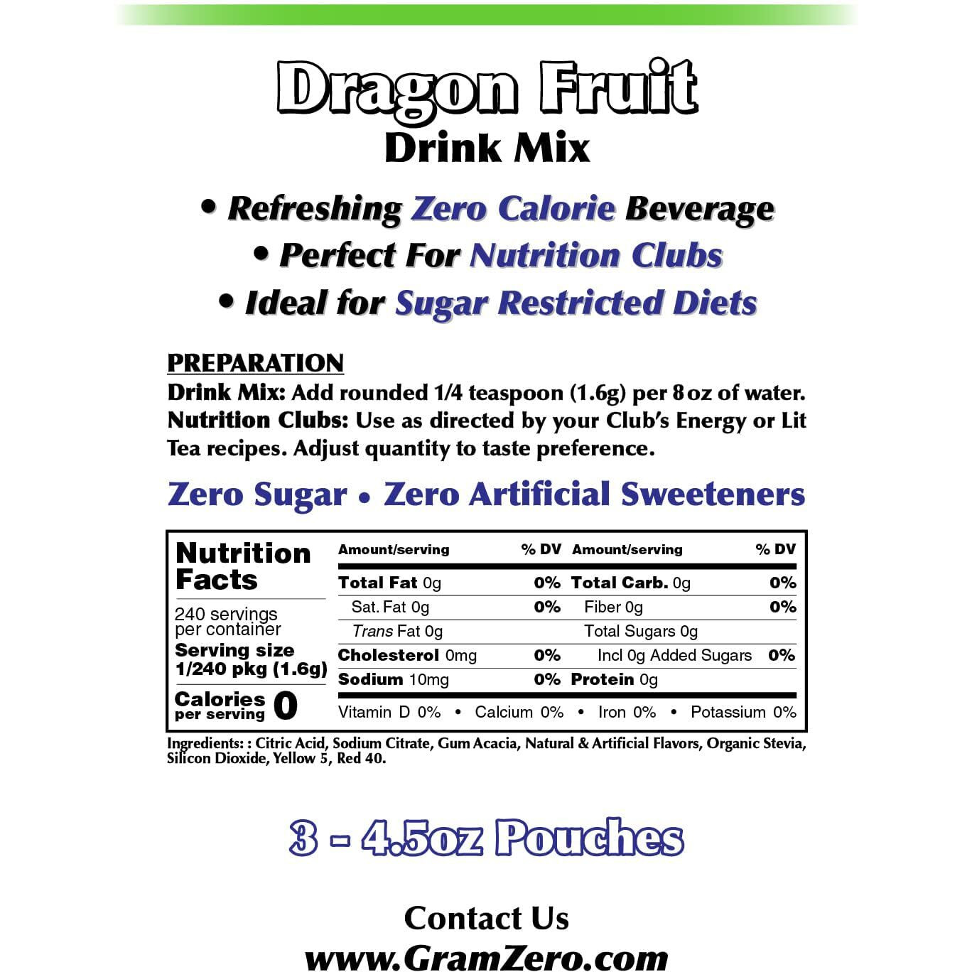 Gramzero Dragon Fruit Zero Calorie Sugar Free Drink Mix, Great For Nutrition Club Loaded Tea, Stevia Sweetened