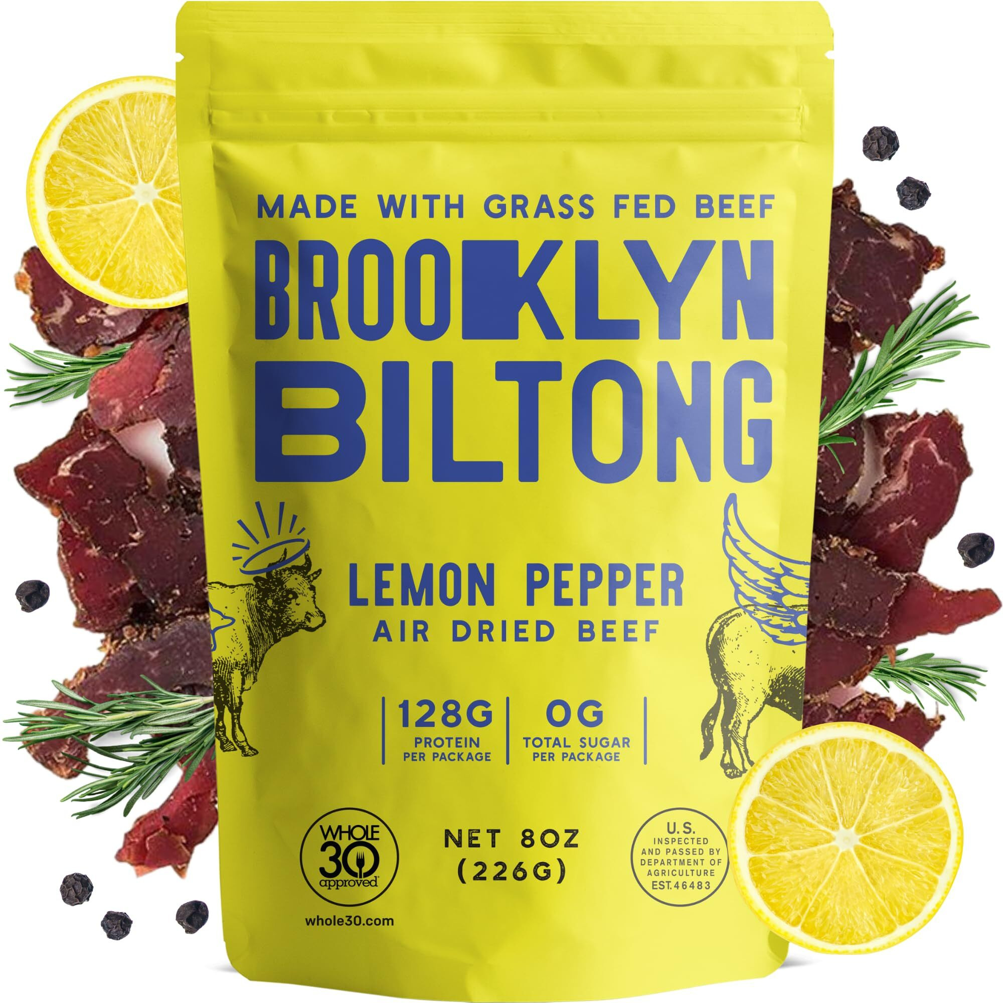 Brooklyn Biltong - Air Dried Grass Fed Beef Snack, South African Beef Jerky - Whole30 Approved, Paleo, Keto, Gluten Free, Sugar Free, Made In Usa - 8 Oz. Bag (Lemon Pepper)