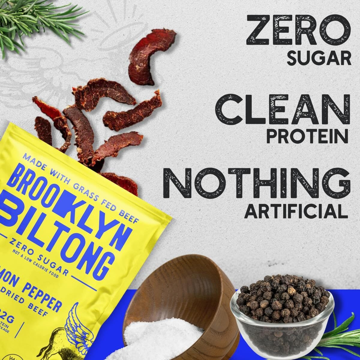 Brooklyn Biltong - Air Dried Grass Fed Beef Snack, South African Beef Jerky - Whole30 Approved, Paleo, Keto, Gluten Free, Sugar Free, Made In Usa - 8 Oz. Bag (Lemon Pepper)