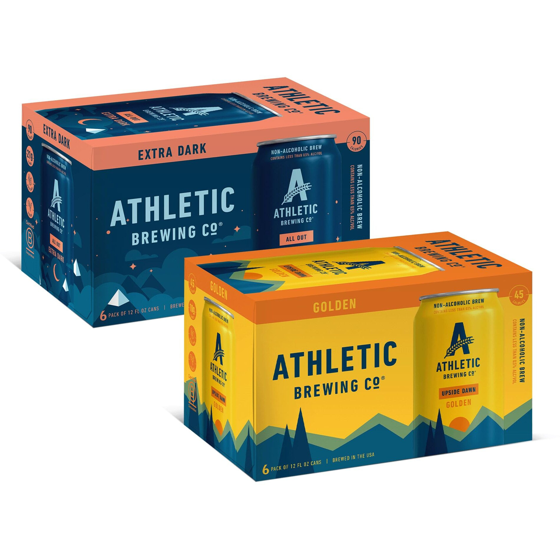 Athletic Brewing Company Craft Non-Alcoholic Beer - 6-Pack All Out And 6-Pack Upside Dawn - Low-Calorie, Award Winning - All Natural Ingredients For A Great Tasting Drink - 12 Fl Oz Cans