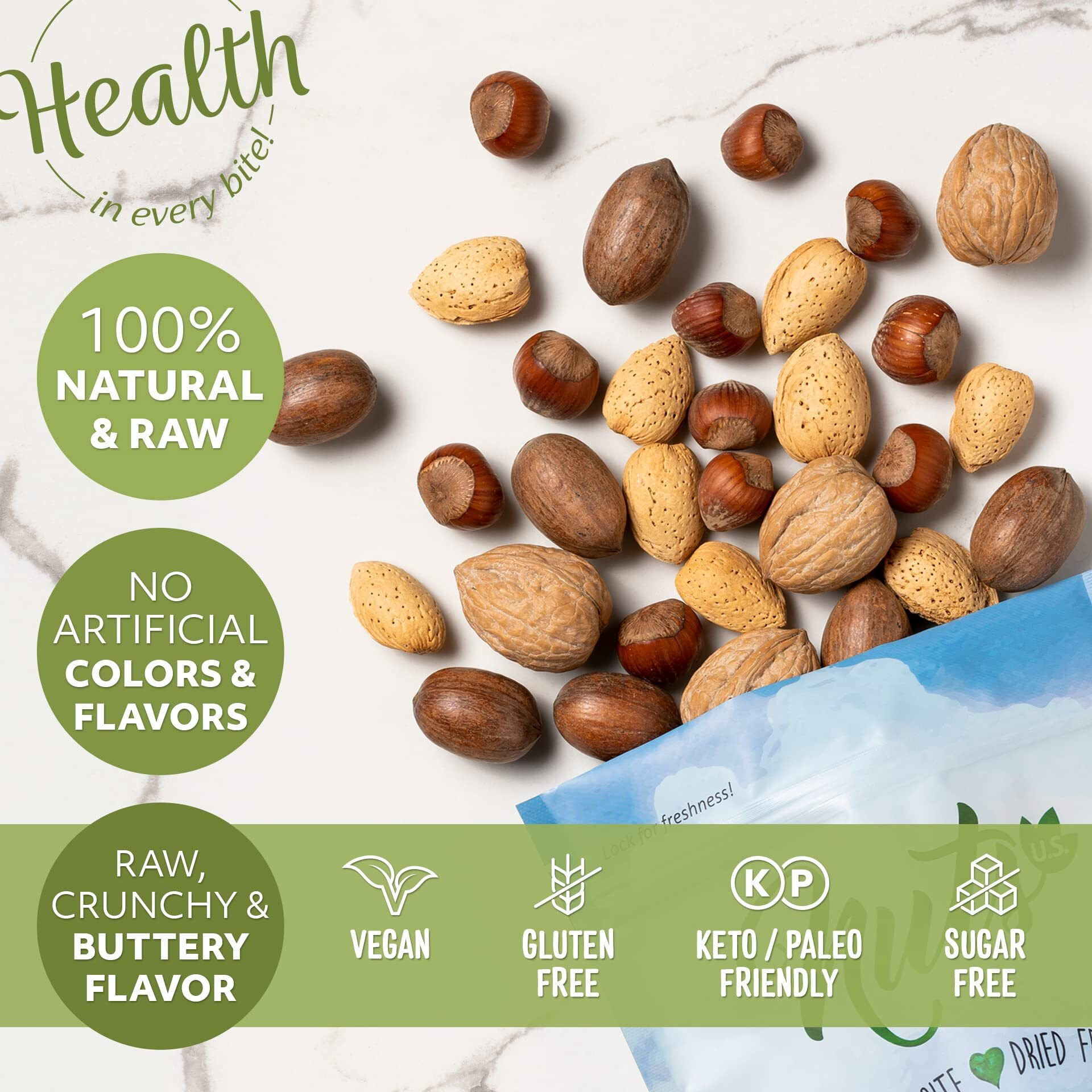 Nuts U.S. - Mixed Nuts In Shell (Almonds, Walnuts, Hazelnuts, Pecans) | No Added Colors And No Artificial Flavors | Fresh Buttery Taste And Raw |Packed In Resealable Bags (1 Lb)