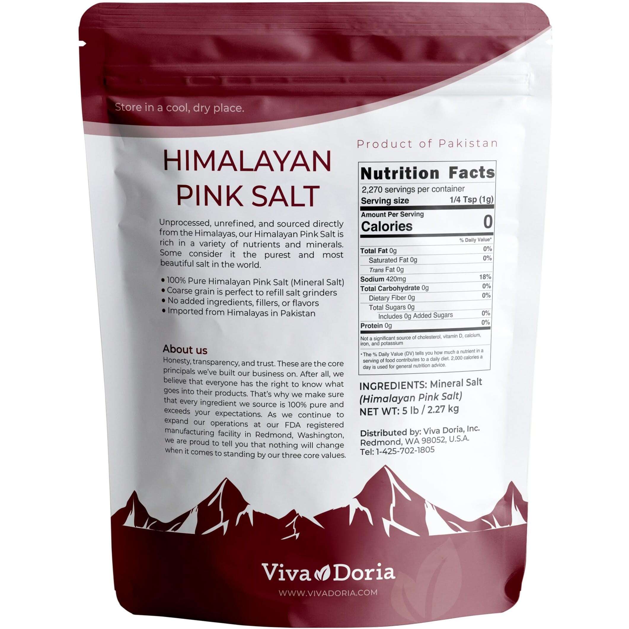 Viva Doria Himalayan Pink Salt, Coarse Grain, Certified Authentic, 5 Lb. (2.27 Kg) For Grinder Refills