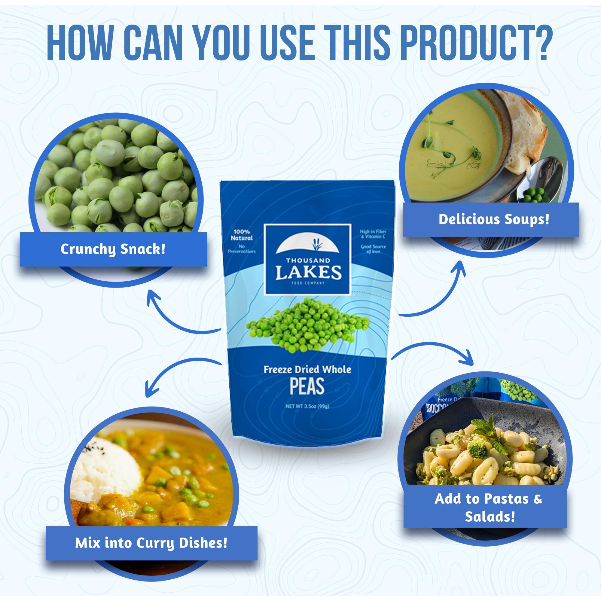 Thousand Lakes Freeze Dried Vegetables - Whole Peas 2-Pack 3.5 Ounces (7.0 Ounces Total) | No Salt Added