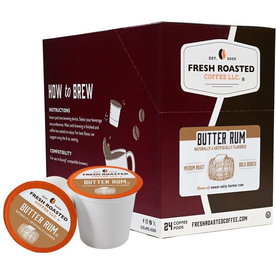 Fresh Roasted Coffee, Butter Rum, Flavored Coffee Pods, K-Cup Compatible, 24 Count