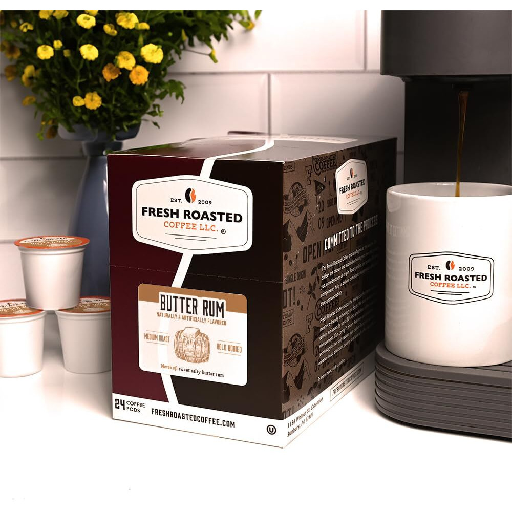 Fresh Roasted Coffee, Butter Rum, Flavored Coffee Pods, K-Cup Compatible, 24 Count