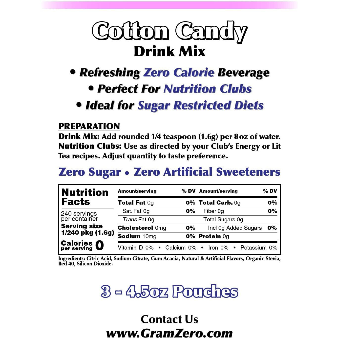 Gramzero Cotton Candy Zero Calorie Sugar Free Drink Mix, Great For Nutrition Club Loaded Tea, Stevia Sweetened