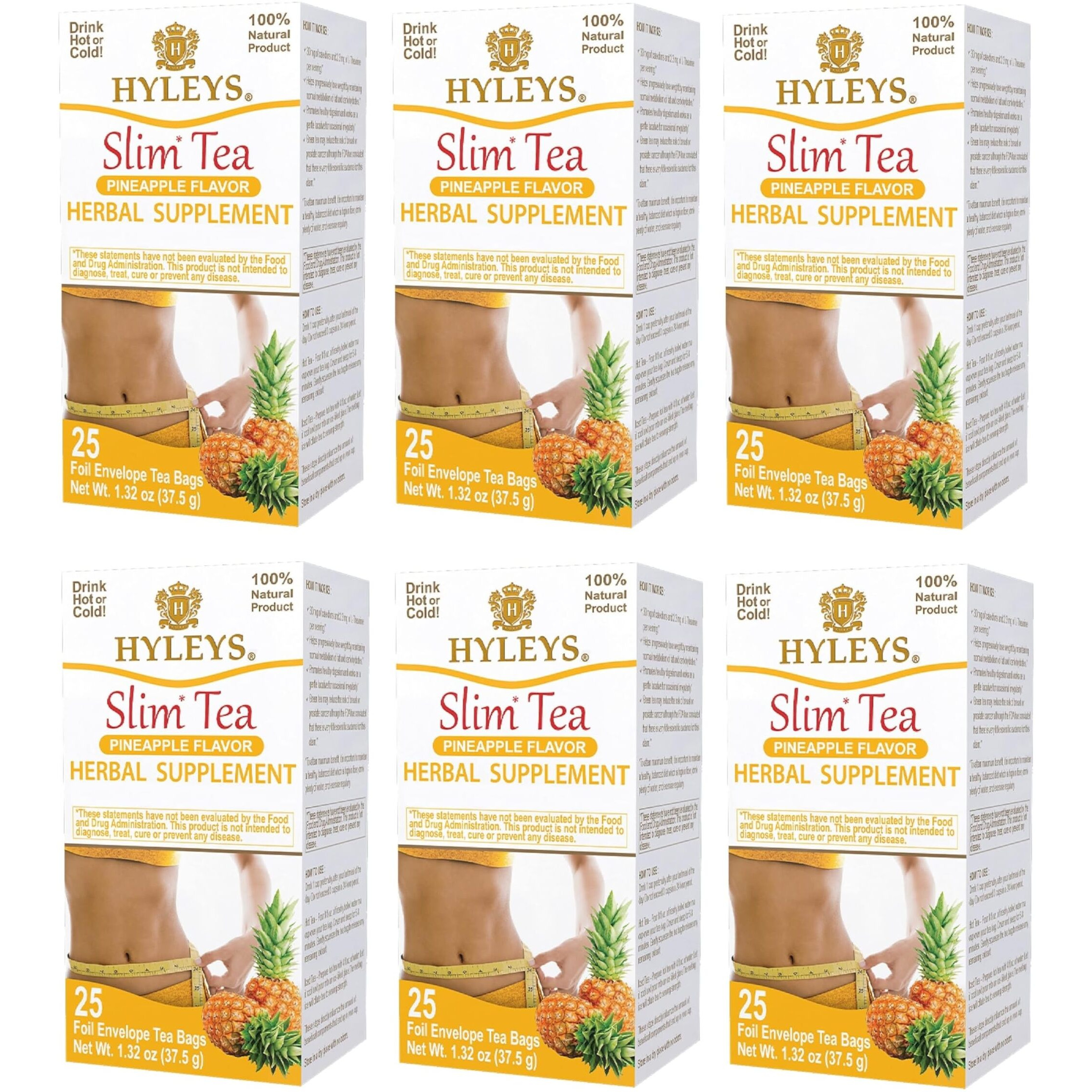 Hyleys Slim Tea Pineapple With Green Tea & Senna - Herbal Weight Loss Detox Cleanse Supplement For Belly Fat, Bloating & Metabolism Boost - 25 Tea Bags (6 Pack)