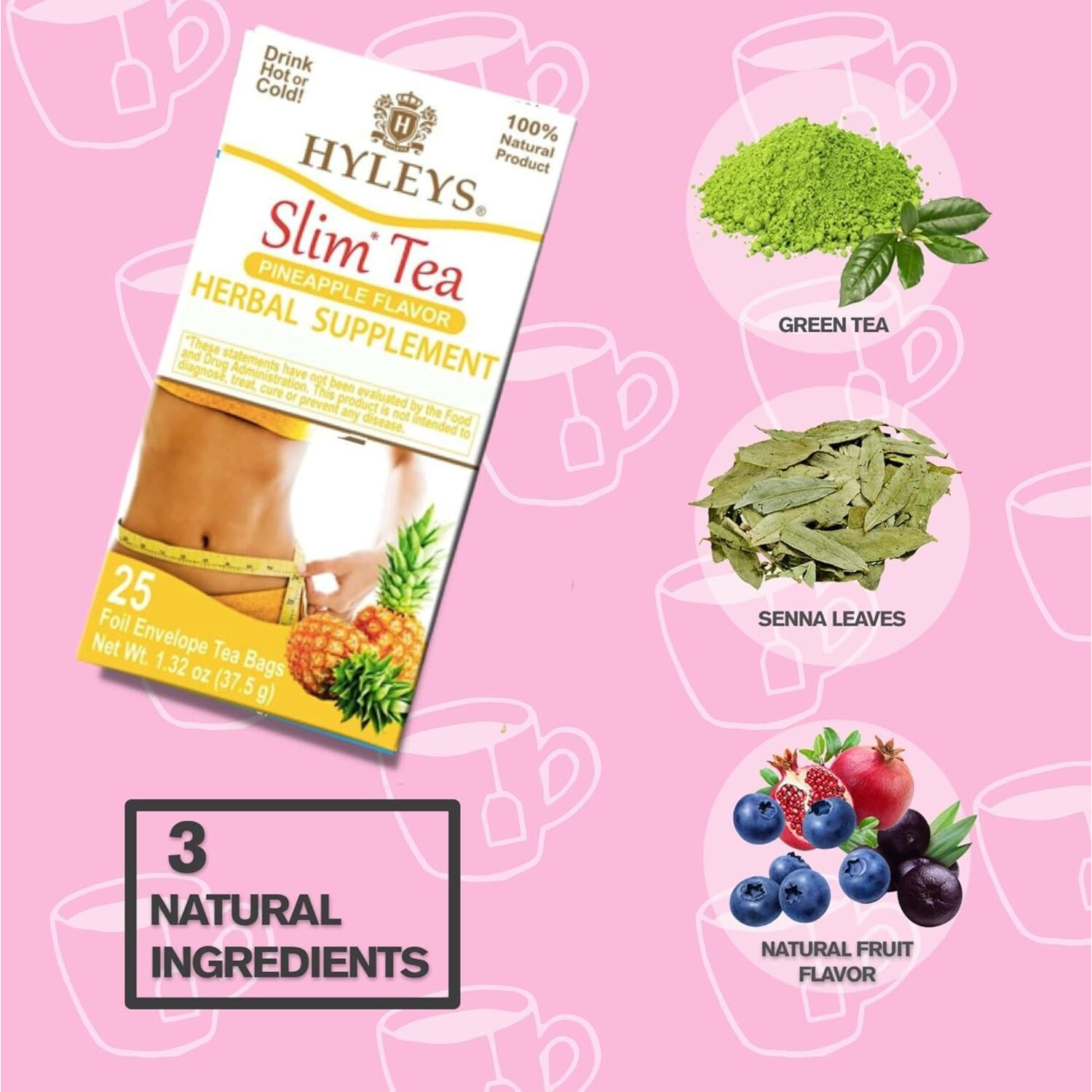 Hyleys Slim Tea Pineapple With Green Tea & Senna - Herbal Weight Loss Detox Cleanse Supplement For Belly Fat, Bloating & Metabolism Boost - 25 Tea Bags (6 Pack)