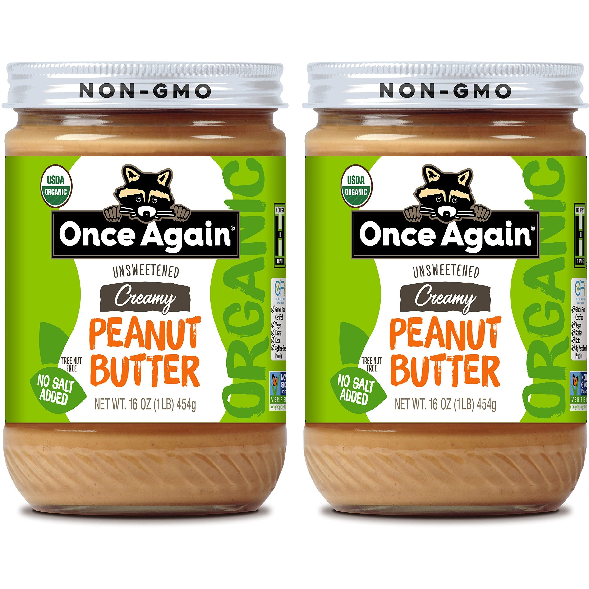 Once Again Organic Creamy Peanut Butter, 16Oz - Salt Free, Unsweetened - Usda Organic, Gluten Free Certified, Vegan, Kosher - Glass Jar - 2 Pack