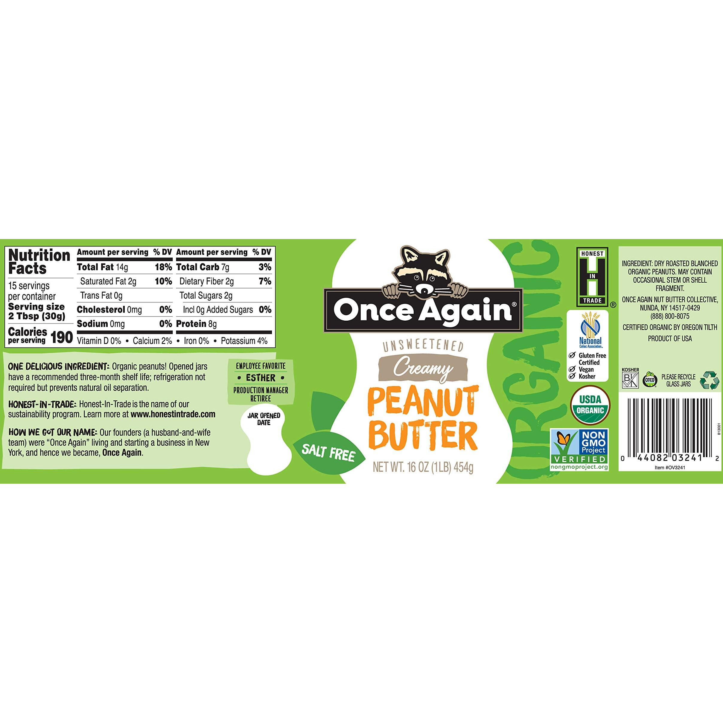 Once Again Organic Creamy Peanut Butter, 16Oz - Salt Free, Unsweetened - Usda Organic, Gluten Free Certified, Vegan, Kosher - Glass Jar - 2 Pack