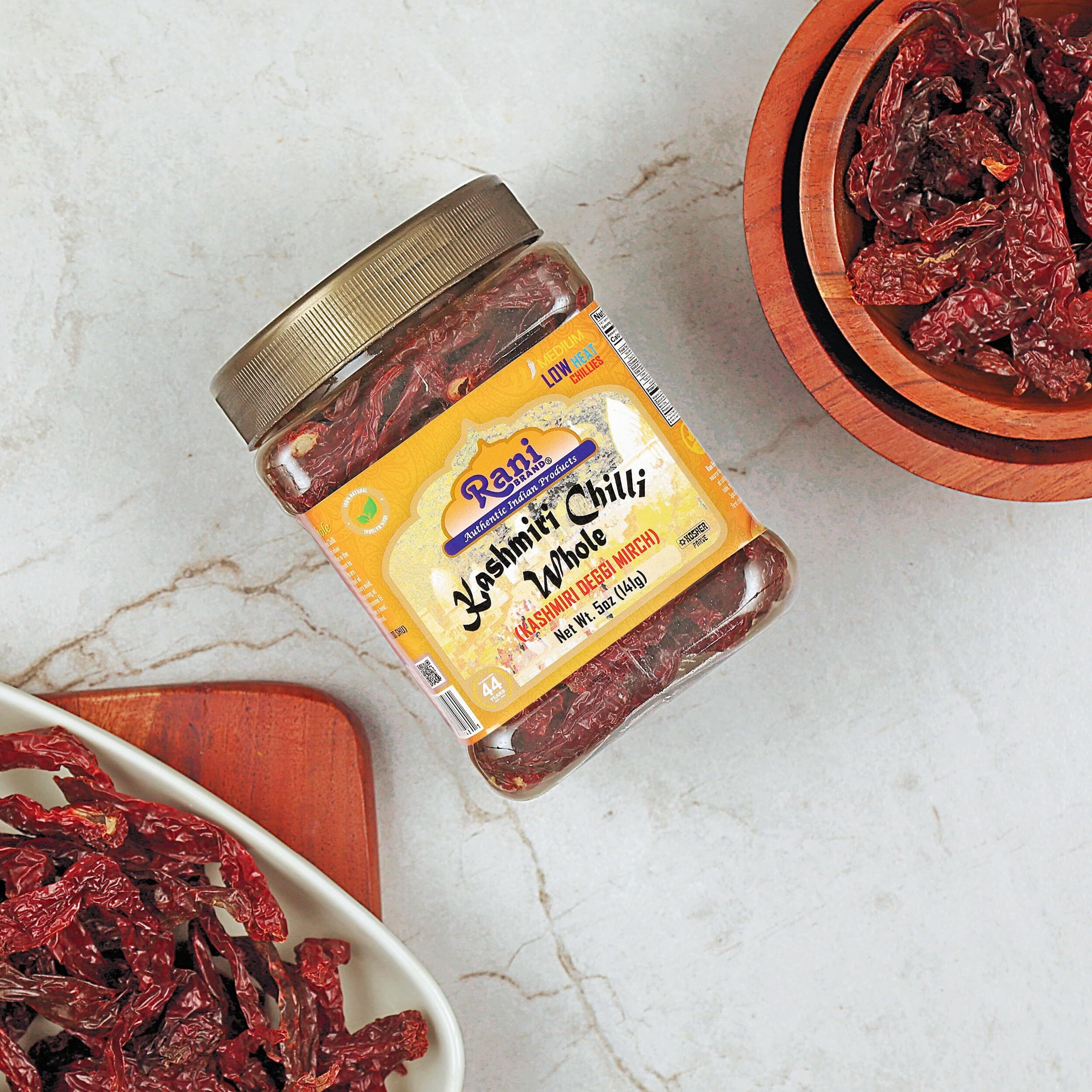 Rani Kashmiri Chilli Whole Stemless (Deggi Mirch, Low Heat) 5Oz (141G) Pet Jar ~ Natural | Salt-Free | Vegan | No Colors | Gluten Friendly | Non-Gmo | Kosher | Indian Origin