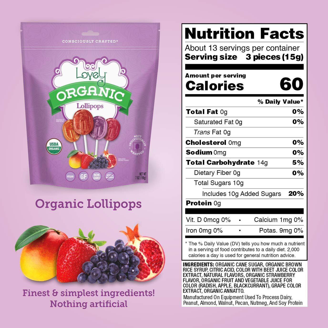 Lovely Candy Co. Organic Lollipops, Individually Wrapped, 7Oz (6-Pack) | Vegan, Gluten-Free, Non-Gmo, No Artificial Colors Or Flavors | Mango, Strawberry, Grape & Pomegranate