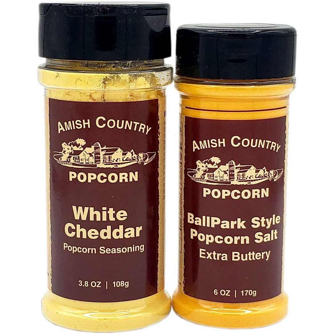 Amish Country Popcorn | Seasoning Variety Pack | Ballpark Style Buttersalt - 6 Oz And White Cheddar Cheese - 3.8 Oz | 2 Pack Popcorn Seasoning
