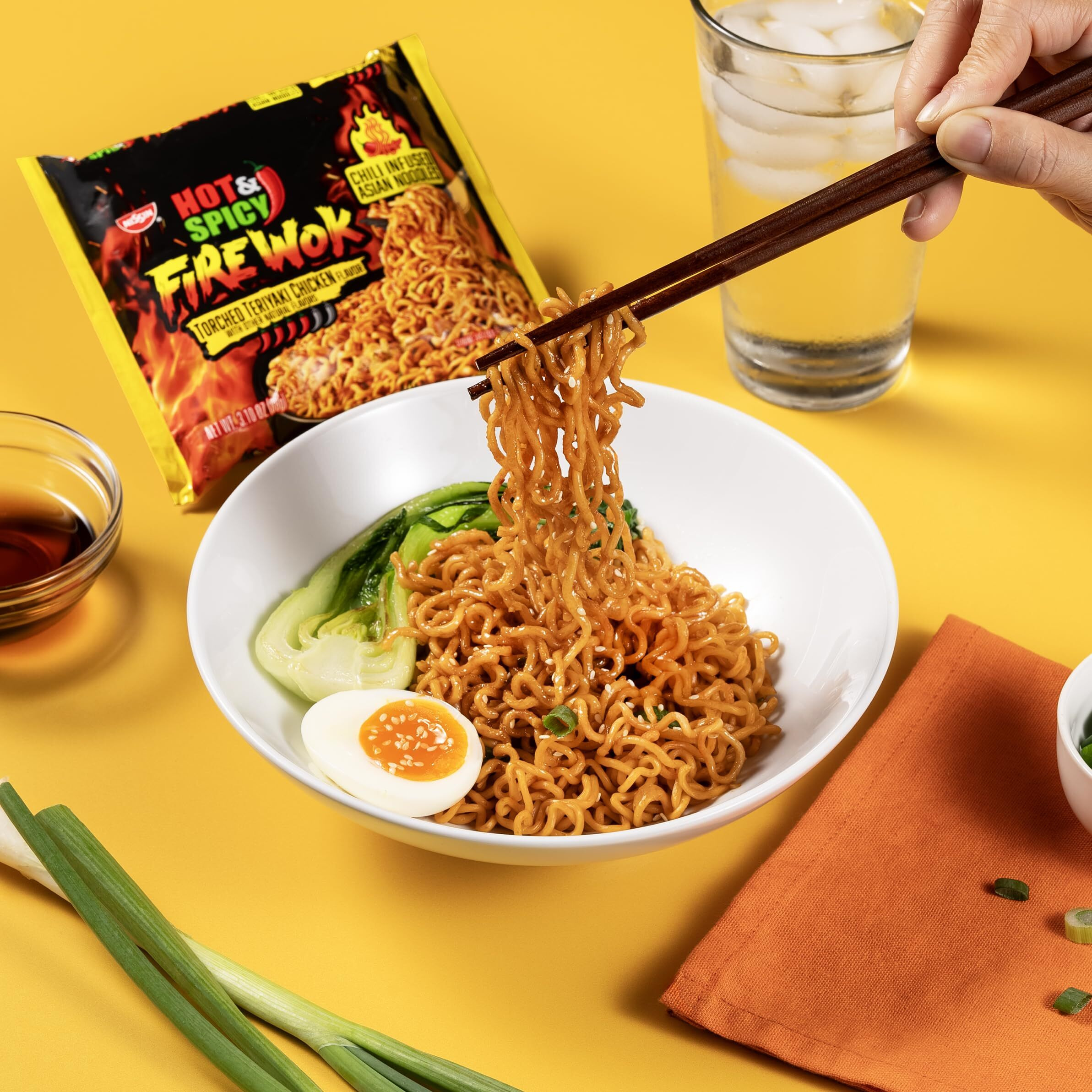 Nissin Fire Wok, Torched Teriyaki Chicken, Hot & Spicy Chile Infused Asian Noodles, Pack Of 12