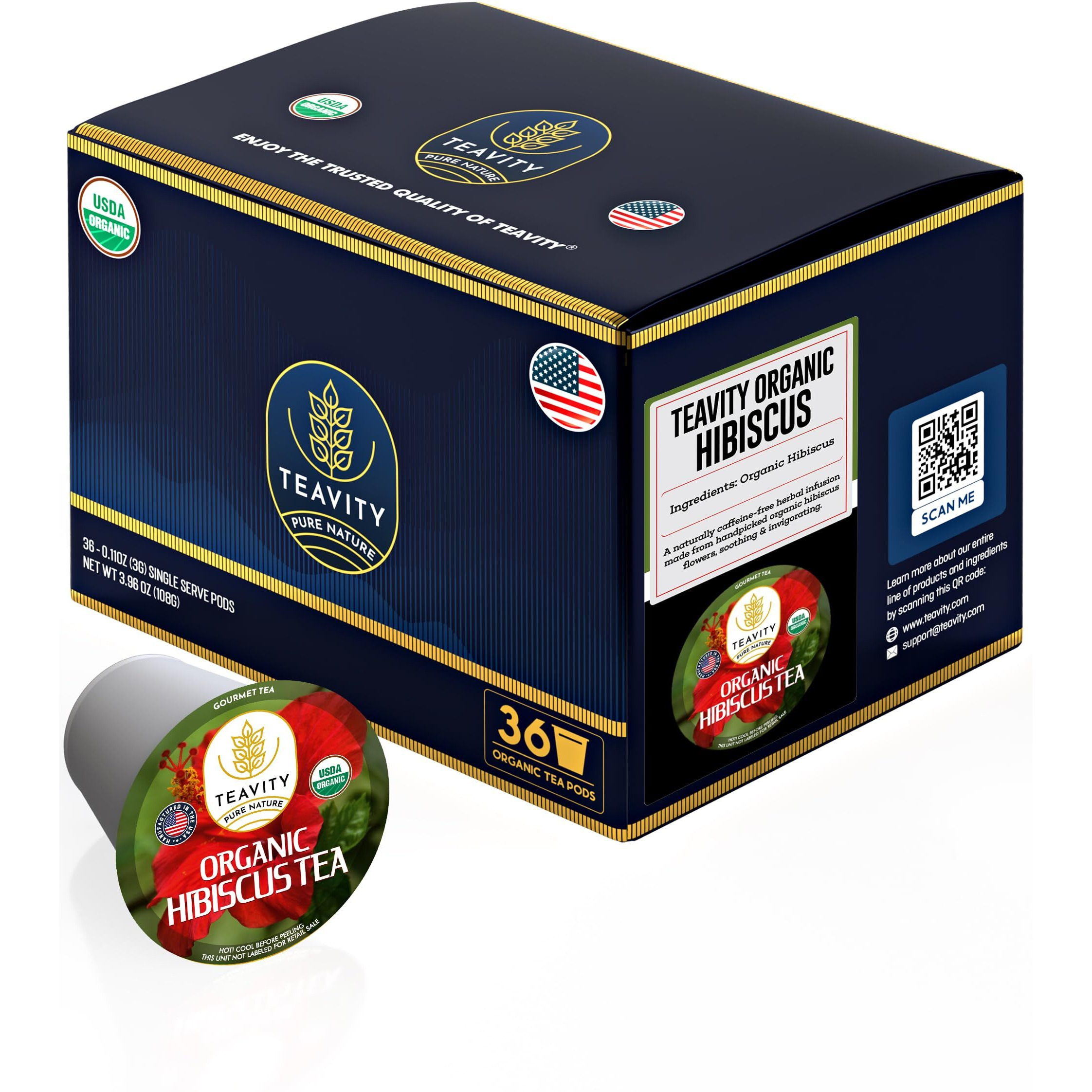 Organic Hibiscus Sabdariffa Tea Organic Naturally Decaf Tea Pods For Keurig By Teavity (36 Tea Pods)