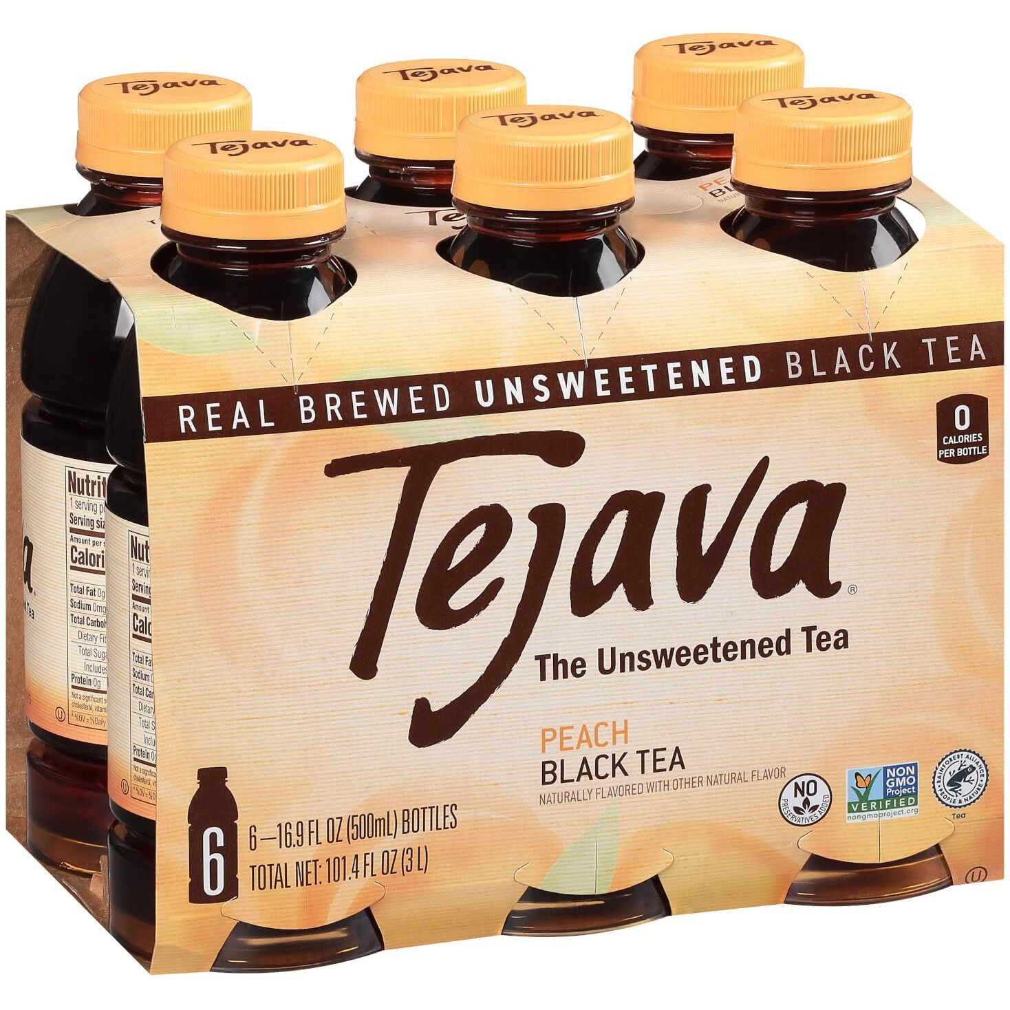 Tejava Peach Black Iced Tea, 6 Pack, 16.9Oz Pet Bottles, Unsweetened, Non-Gmo, Kosher, No Sugar Or Sweeteners, No Calories, No Preservatives, Brewed In Small Batches