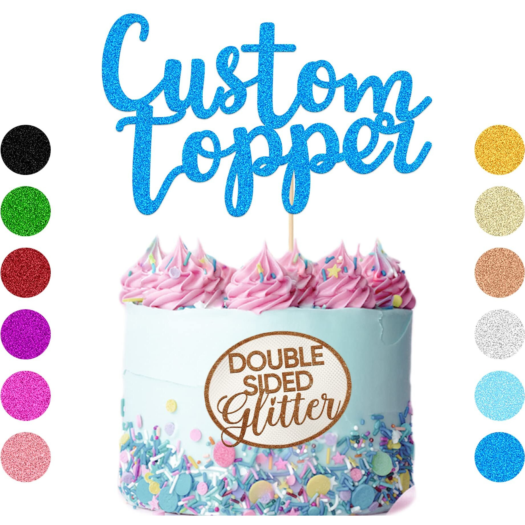 Personalized Cake Topper Birthday Cake Toppers 11 Colours Wedding Cake Topper With Any Text Numbers Double Sided Glitter Cake Decoration For Anniversary Baby Shower(Blue)