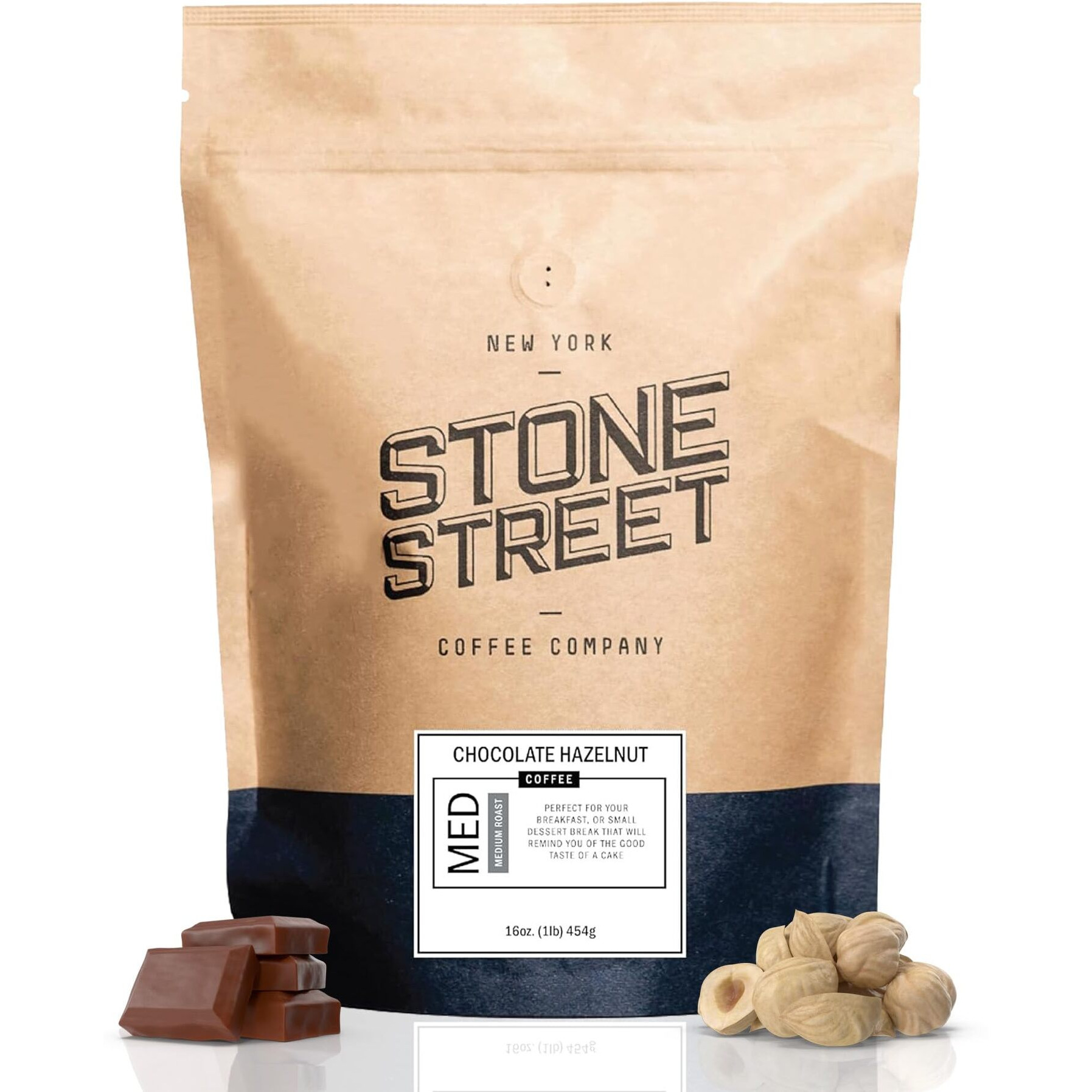 Stone Street Flavored Ground Coffee, Chocolate Hazelnut, Freshly Roasted, 100% Colombian Arabica, Gourmet Coffee, Medium Roast, Sweet Chocolately Nutty Flavor, 1 Lb