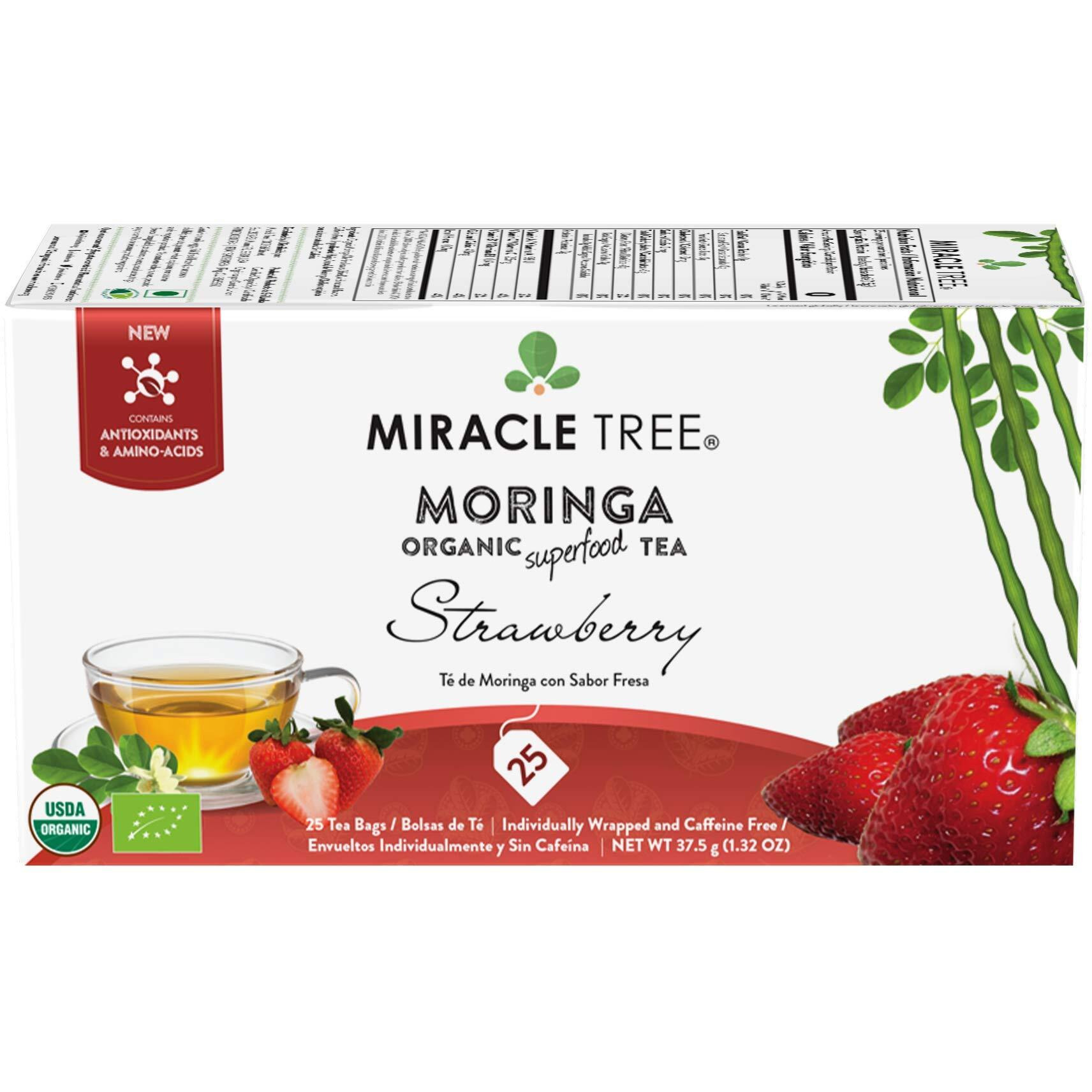 Miracle Tree - Organic Moringa Superfood Tea, 25 Individually Sealed Tea Bags, Strawberry (Keto, Detox, Energy & Immunity Booster, Vegan, Gluten-Free, Organic, Non-Gmo, Caffeine-Free)