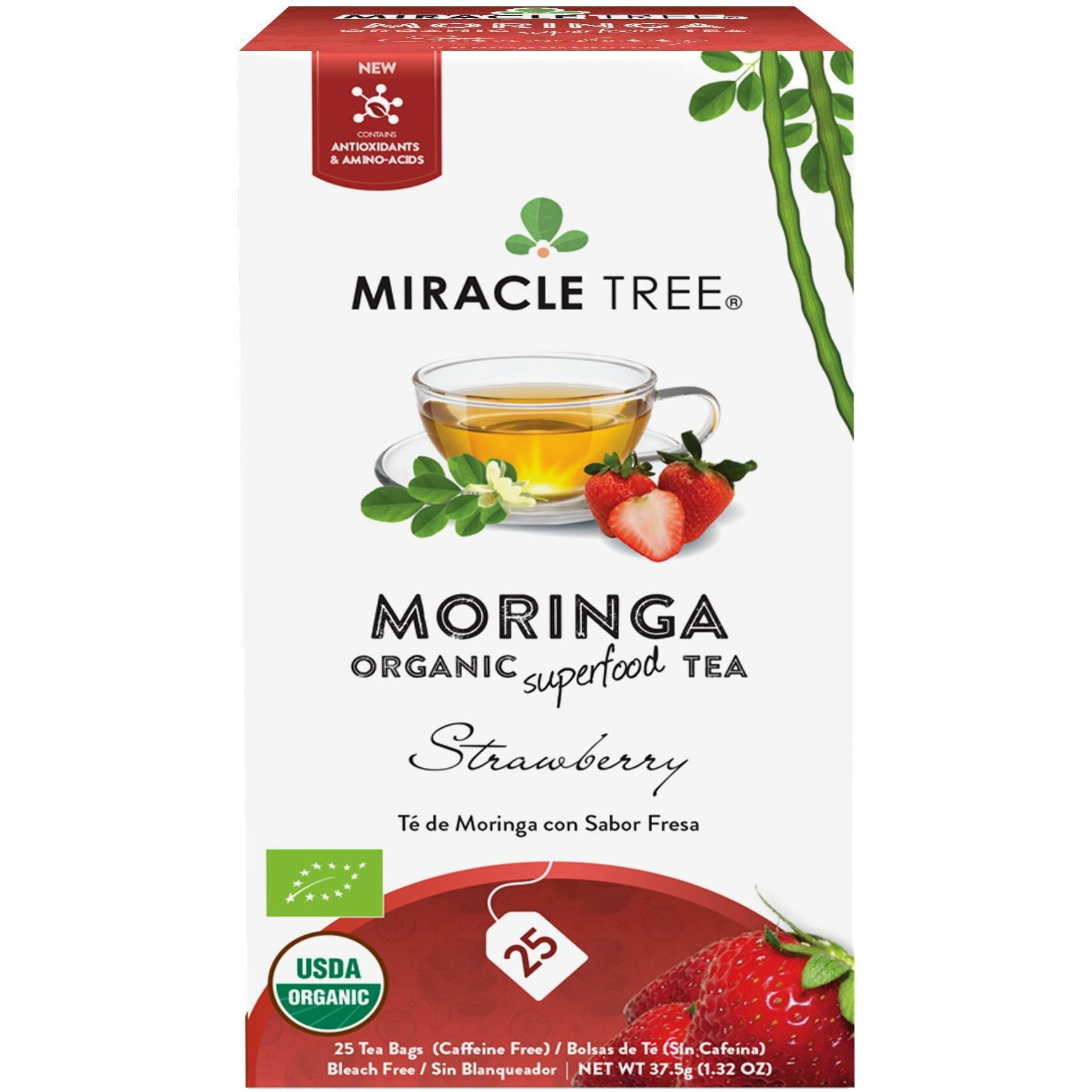 Miracle Tree - Organic Moringa Superfood Tea, 25 Individually Sealed Tea Bags, Strawberry (Keto, Detox, Energy & Immunity Booster, Vegan, Gluten-Free, Organic, Non-Gmo, Caffeine-Free)
