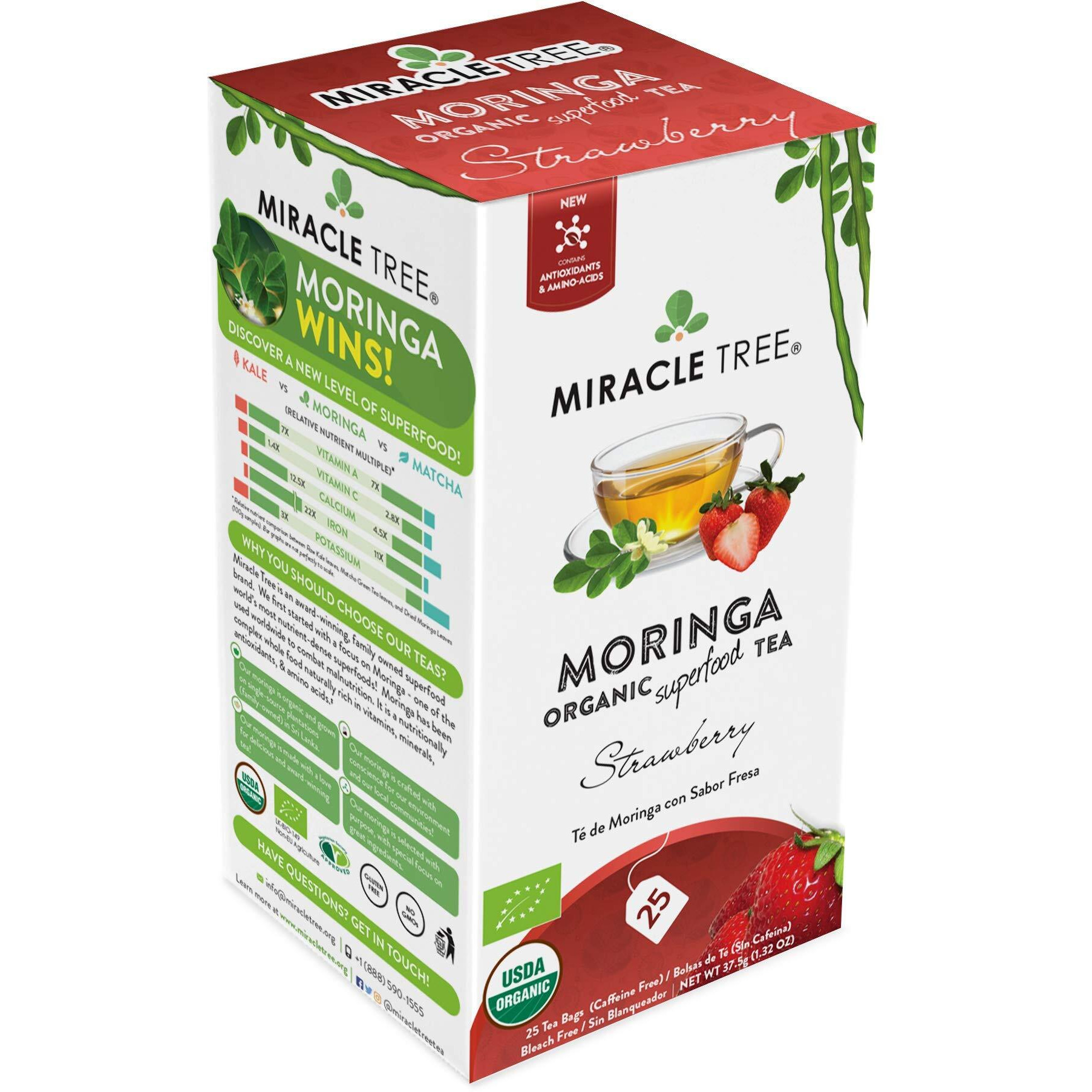 Miracle Tree - Organic Moringa Superfood Tea, 25 Individually Sealed Tea Bags, Strawberry (Keto, Detox, Energy & Immunity Booster, Vegan, Gluten-Free, Organic, Non-Gmo, Caffeine-Free)