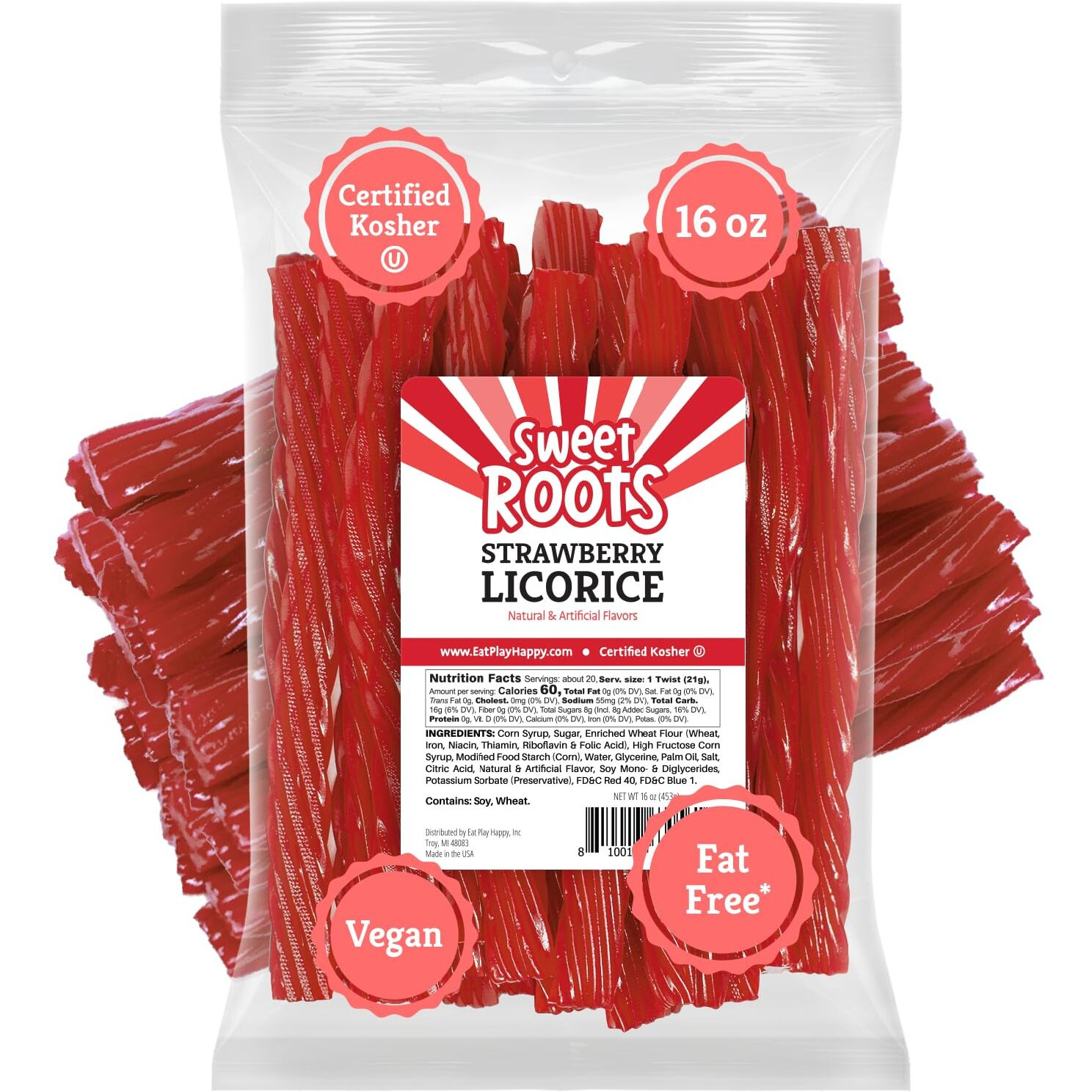 Sweet Roots Strawberry Licorice Twists (16 Oz / 1 Bag) - Jumbo Size - Certified Kosher - Vegan - Fat Free