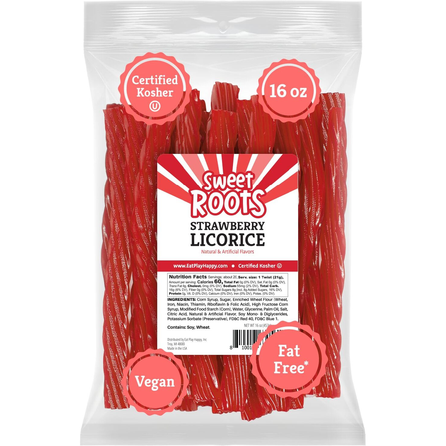 Sweet Roots Strawberry Licorice Twists (16 Oz / 1 Bag) - Jumbo Size - Certified Kosher - Vegan - Fat Free