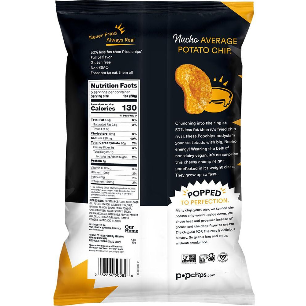 Popchips Potato Chips, Nacho, 5.0Oz Share Bags, Gluten Free, Salty Snacks For Adults And Children, Non-Gmo, Vegan, Kosher (Pack Of 4)