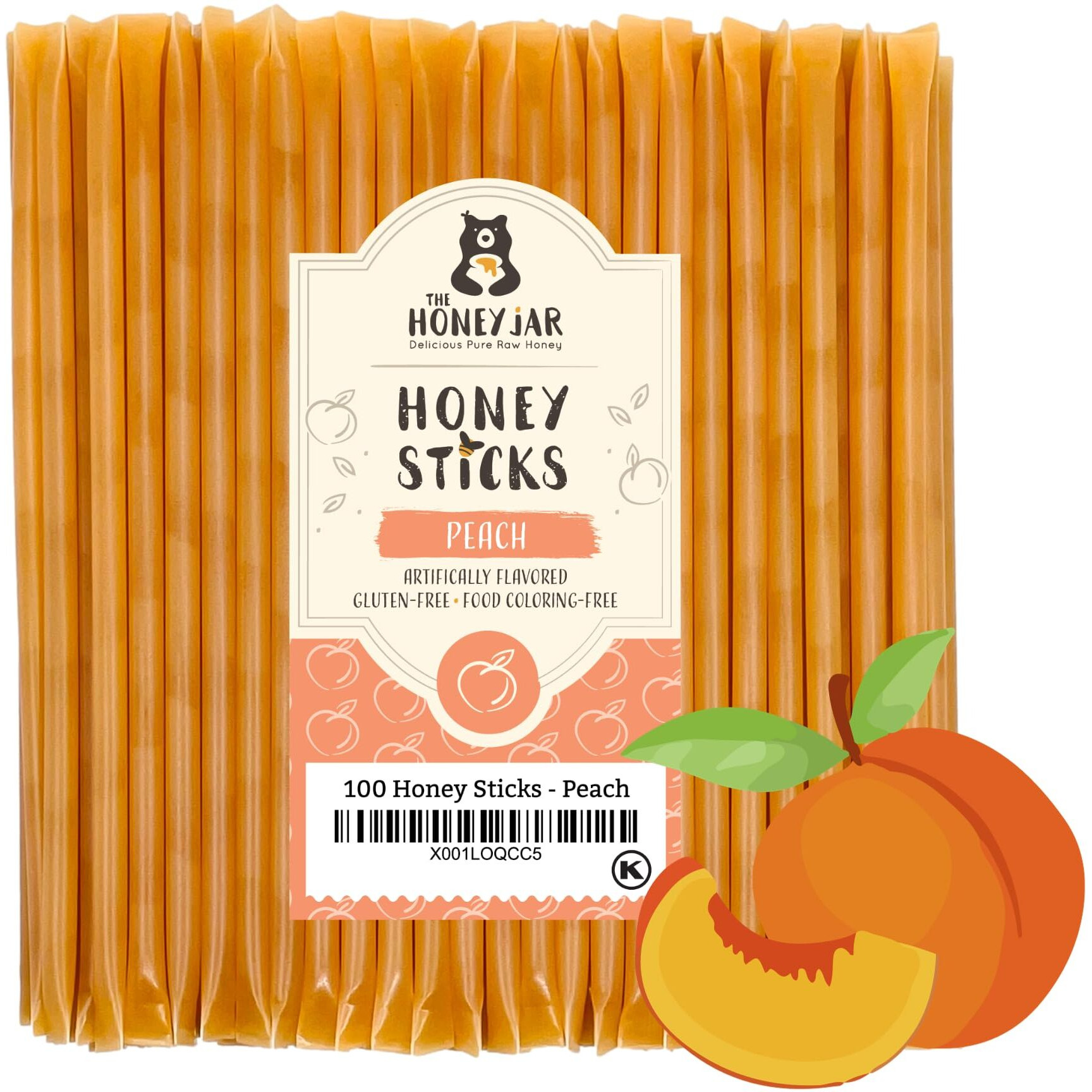 The Honey Jar Peach Flavored Honey Sticks - Pure Honey Straws For Tea, Coffee, Or A Healthy Treat - One Teaspoon Of Flavored Honey Per Stick - Made In The Usa With Real Honey - (100 Count)