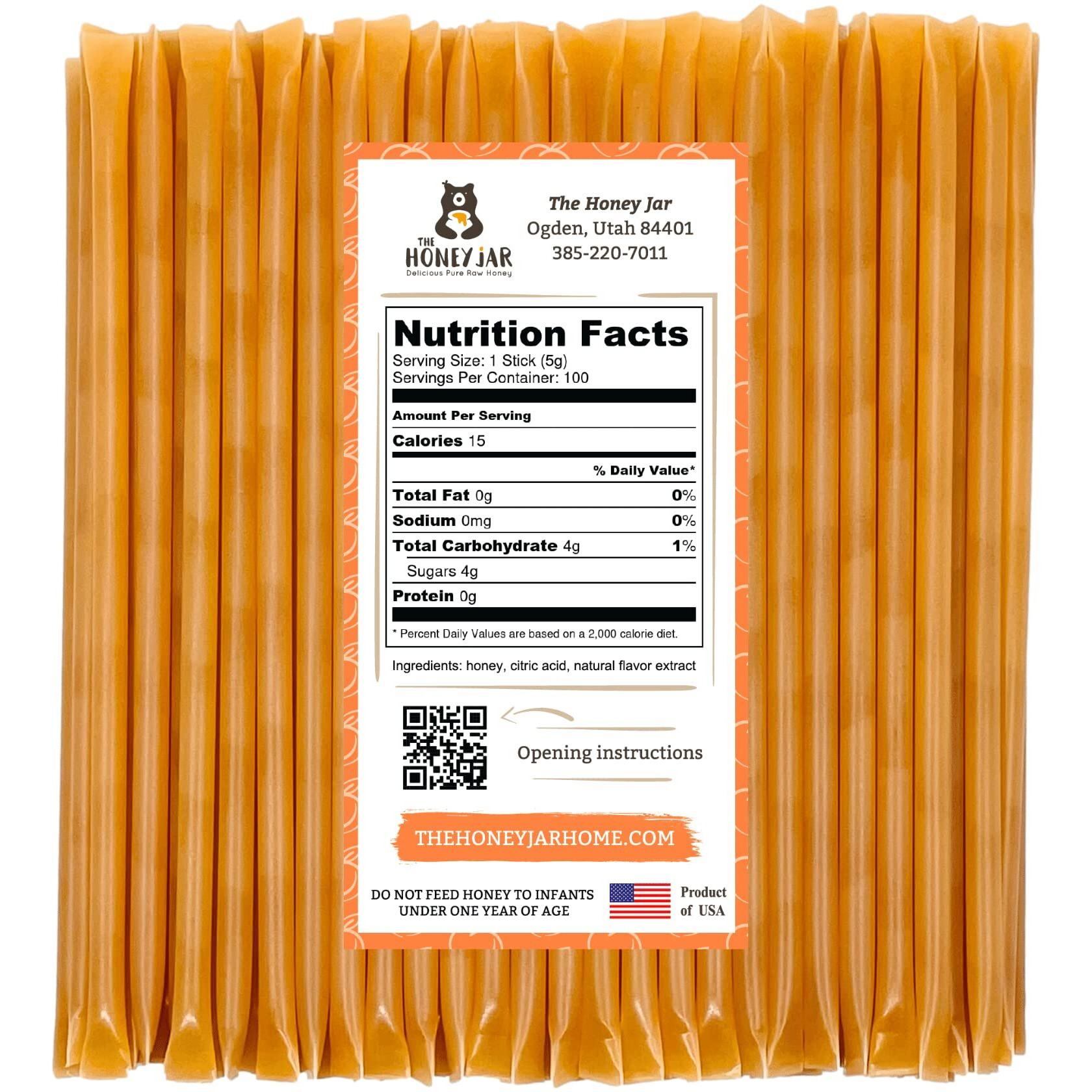 The Honey Jar Peach Flavored Honey Sticks - Pure Honey Straws For Tea, Coffee, Or A Healthy Treat - One Teaspoon Of Flavored Honey Per Stick - Made In The Usa With Real Honey - (100 Count)