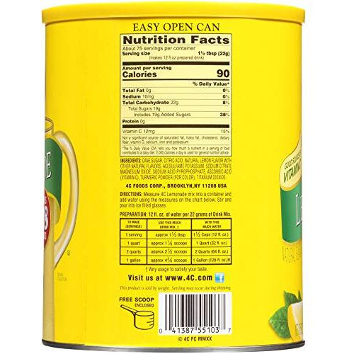 4C Powdered Drink Mix Cannisters, Lemonade, 28 Quarts, Family Sized Cannister, Thirst Quenching & Refreshing Flavors (Lemonade, 3.62 Pound (Pack Of 3))
