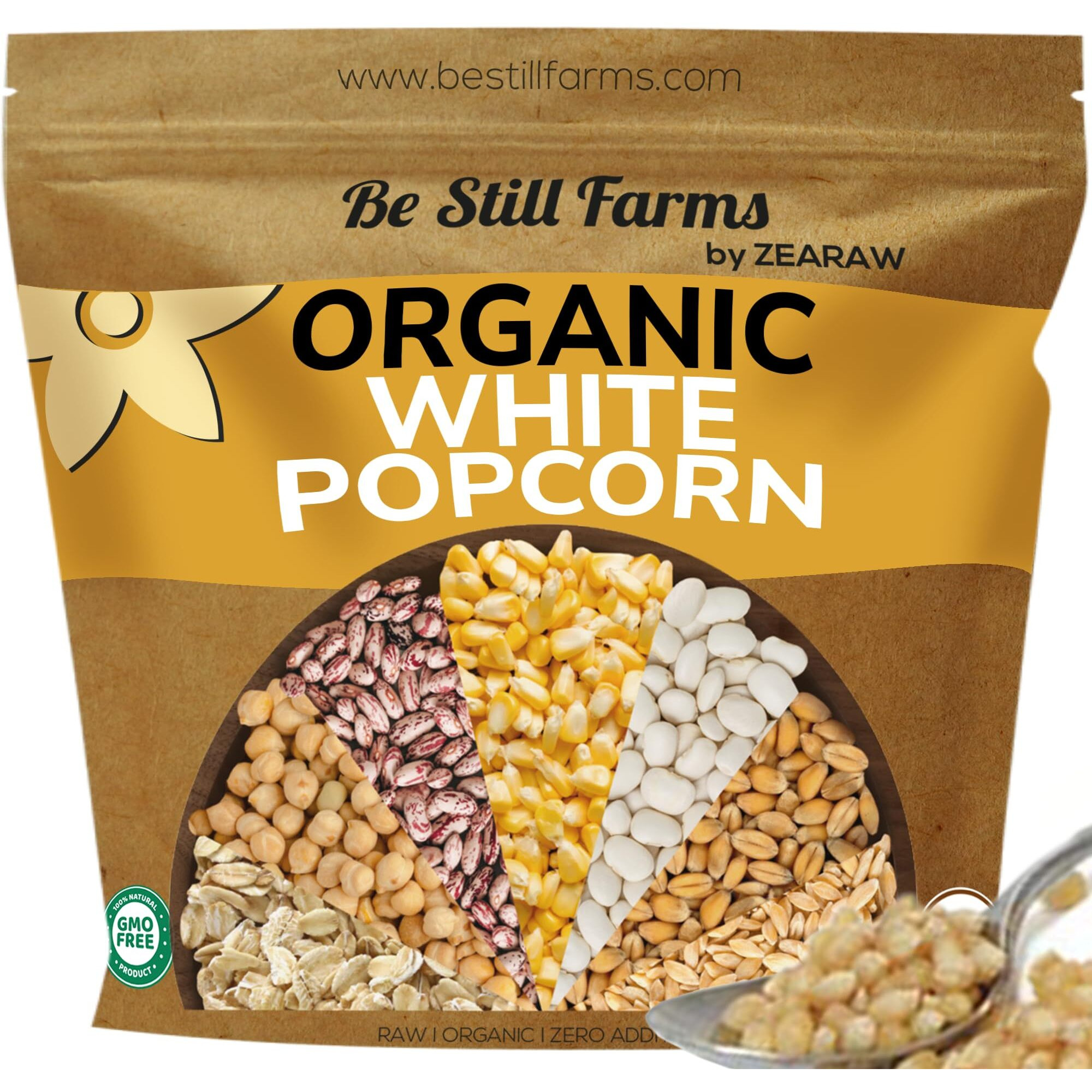 Be Still Farms White Organic Popcorn Kernels Hulless Uncooked 2.8Lb - Corn Ideal For Popping - Healthy Microwave Snacks Great For Movie Night - Usa Grown | Vegan | Non-Gmo | Usda Certified