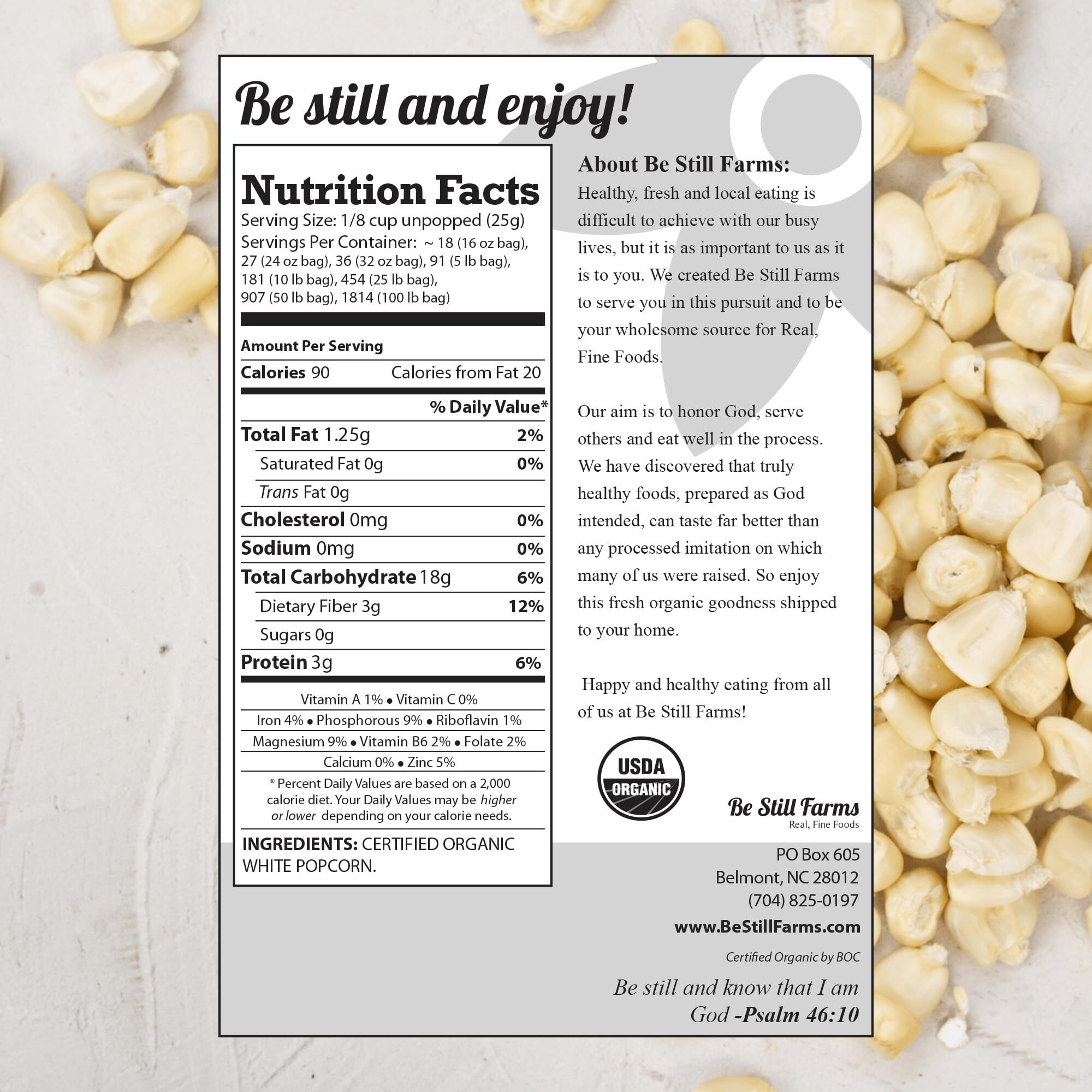 Be Still Farms White Organic Popcorn Kernels Hulless Uncooked 2.8Lb - Corn Ideal For Popping - Healthy Microwave Snacks Great For Movie Night - Usa Grown | Vegan | Non-Gmo | Usda Certified