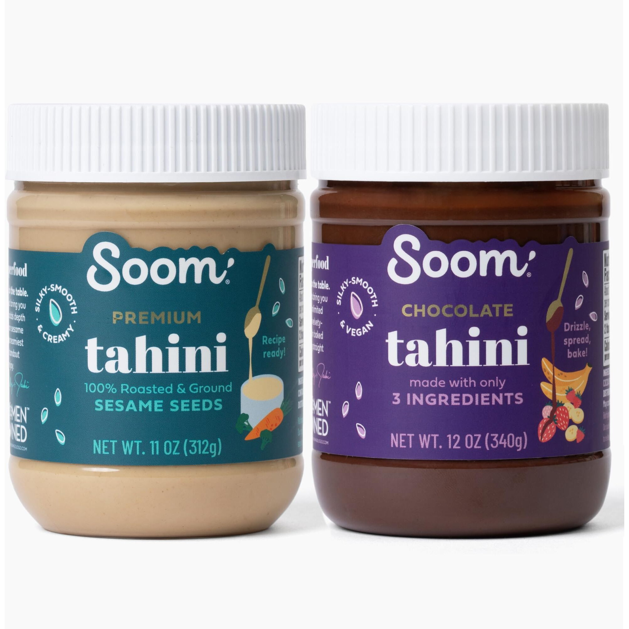Soom Foods Sesame Tahini Paste Two Flavor Sampler (1) Premium Sesame Tahini 11Oz And (1) Chocolate Tahini Halva Spread Tahini 12Oz | Silky Smooth Texture In Hummus, Dips, Dressings, Baked Goods | Vegan, Nut-Free, Gluten-Free