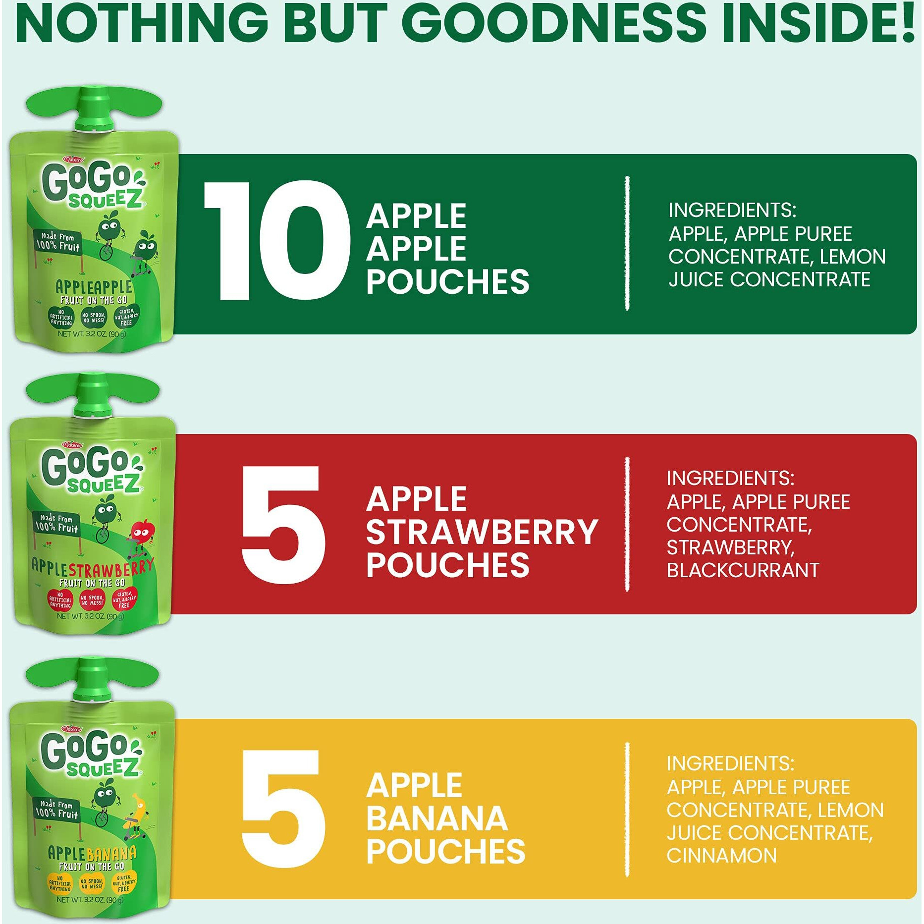 Gogo Squeez, Fruit On The Go Variety Pack Apple Strawberry Banana, 3.2 Ounce, 20 Pack