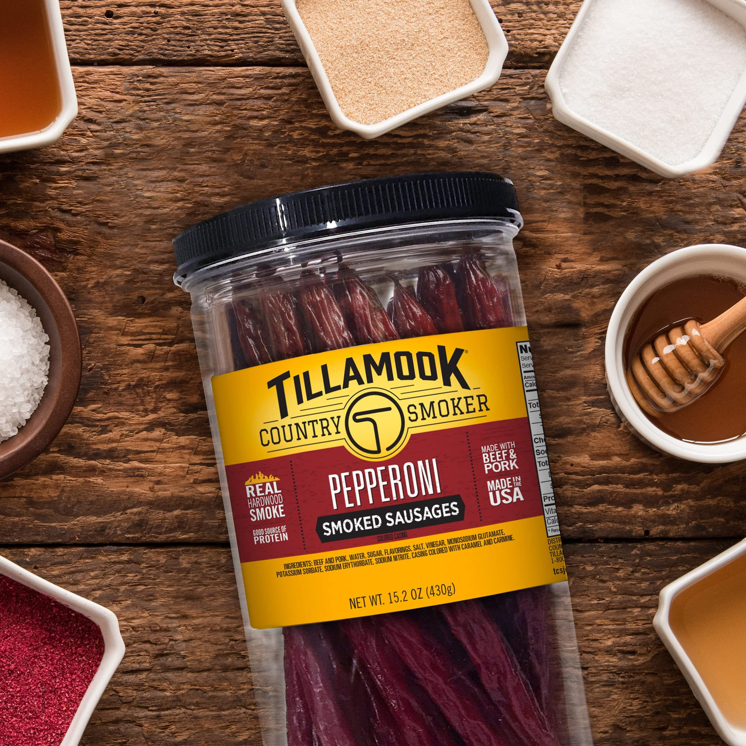 Tillamook Country Smoker Real Hardwood Smoked Sausages, Pepperoni, 15.2 Ounce Tall Jar, 20 Count